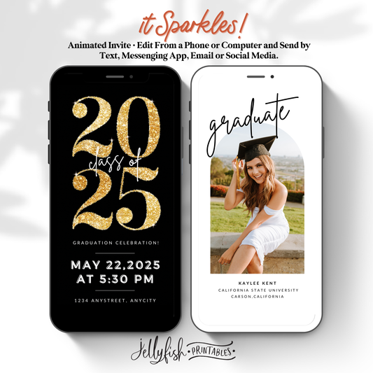 Gold Glitter Graduation Invite Video | Editable Canva Template | Sparkle Animated Class of 2025 Digital Invitation