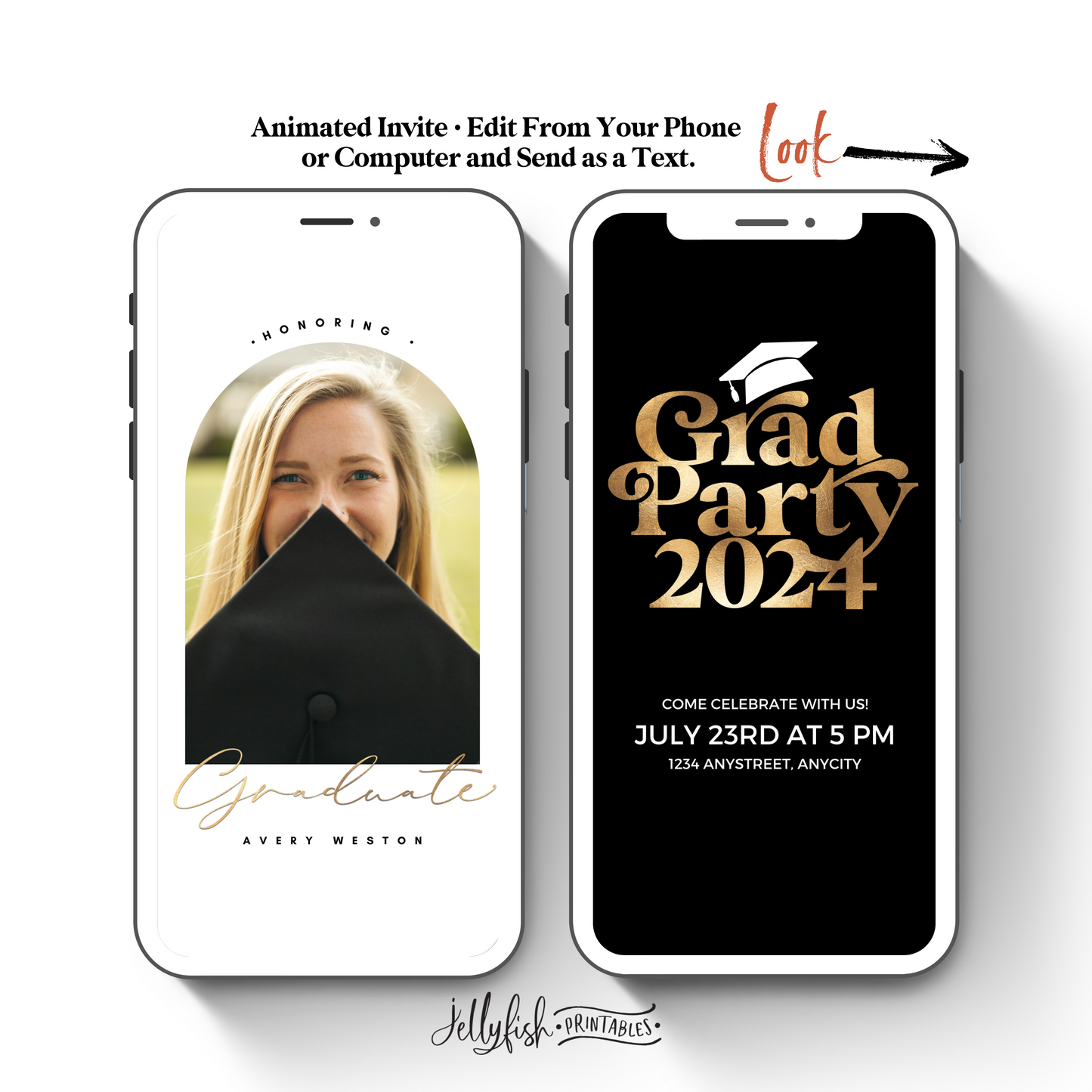 Animated Graduation Invitation Canva Template in Gold. Send Today!