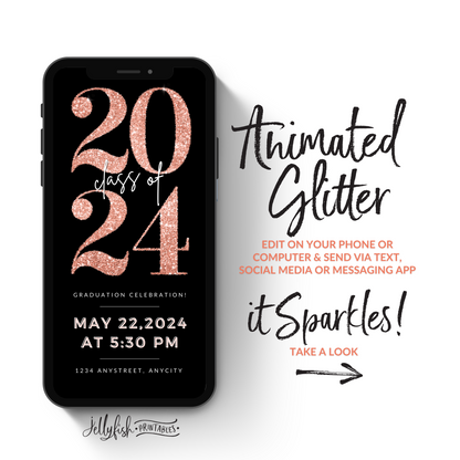 Animated Graduation Invitation Canva Template in Rose Gold. It Sparkles. Send Today!