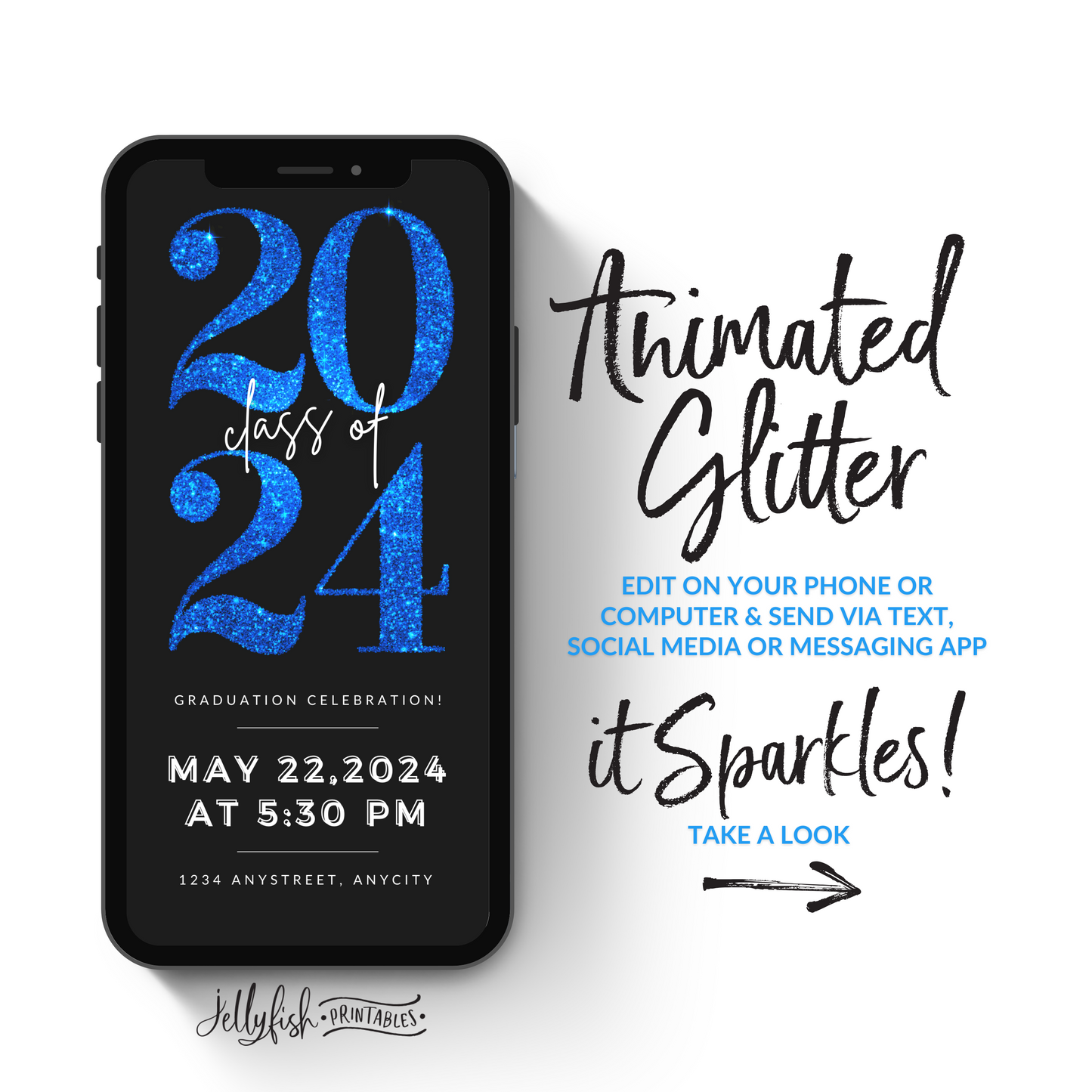 Animated Graduation Invitation Canva Template. It Sparkles Blue. Send Today!