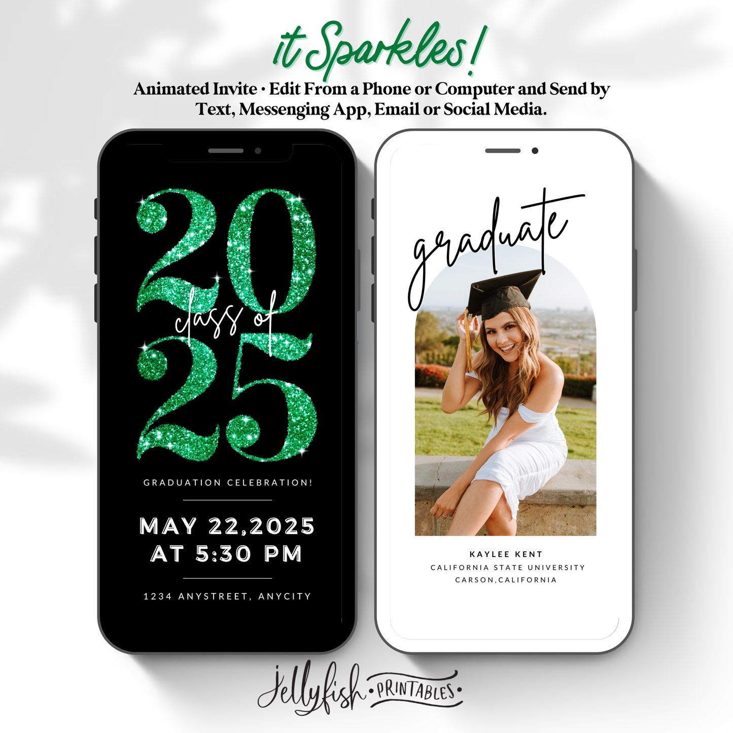 Animated Graduation Invitation Canva Template in Green. It Sparkles. Send Today!