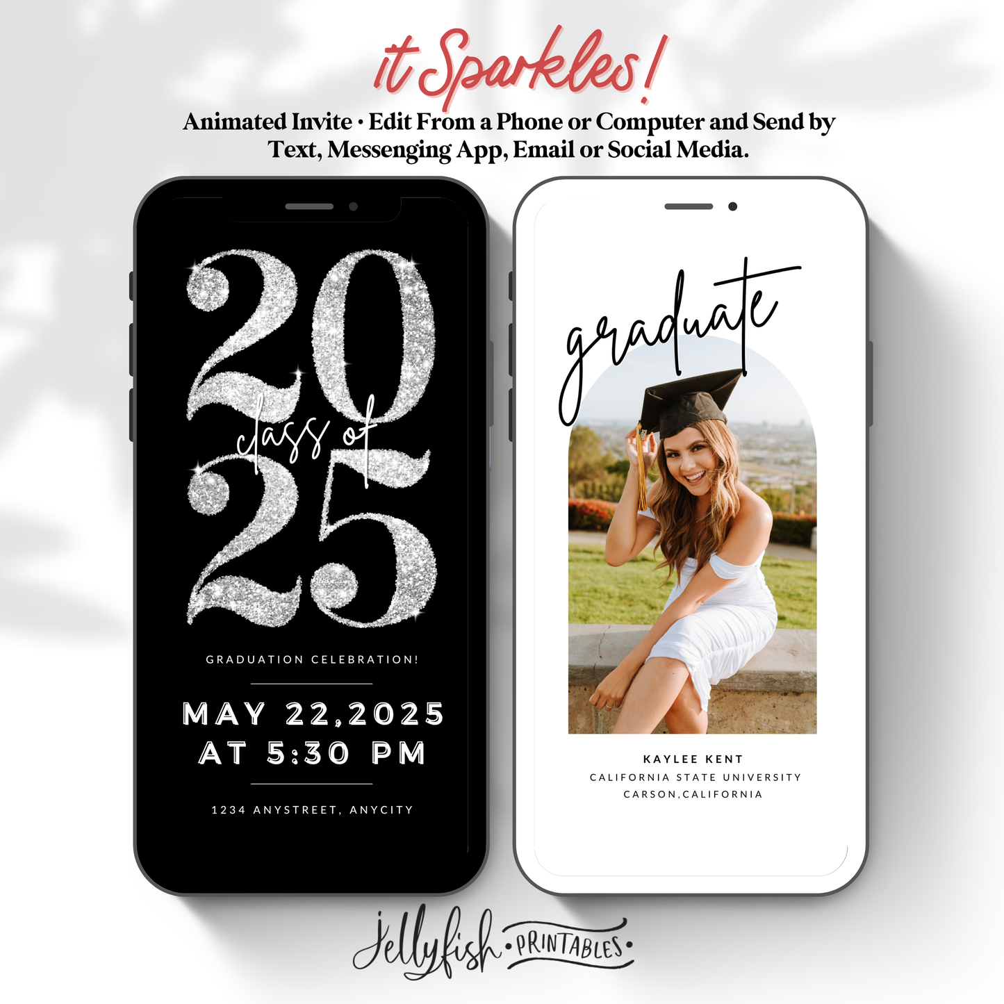 Animated Graduation Invitation Canva Template in Silver. It Sparkles. Send Today!