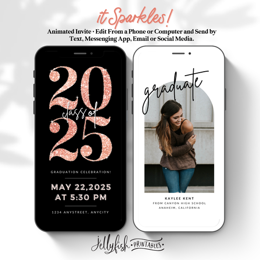 Rose Gold Glitter Graduation Invite Video | Editable Canva Template | Animated Class of 2025 Digital Invitation