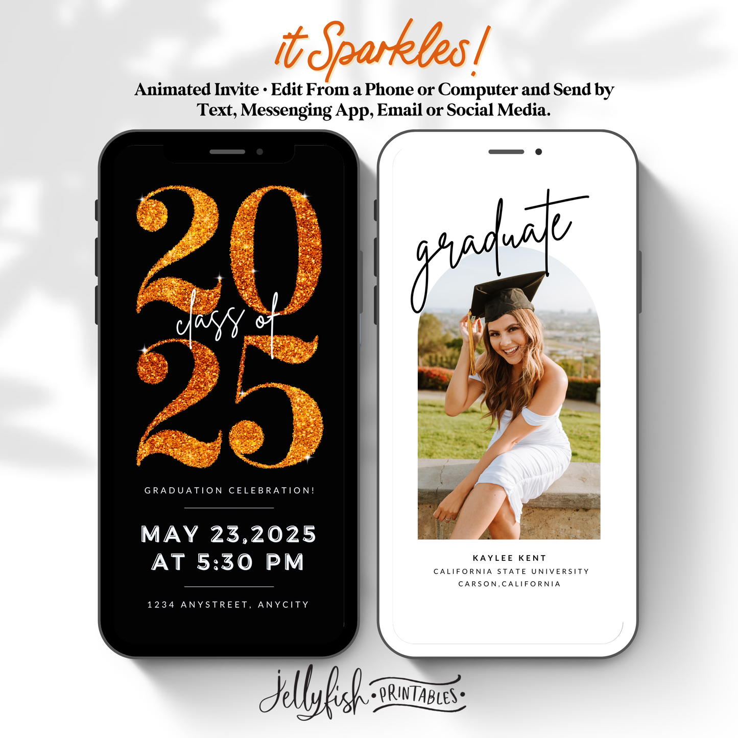 Animated Graduation Invitation Canva Template in Orange. It Sparkles. Send Today!