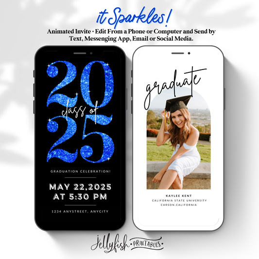 Blue Sparkle Graduation Video Invitation | Animated Editable Canva Template | Class of 2025 Text & Email Invite