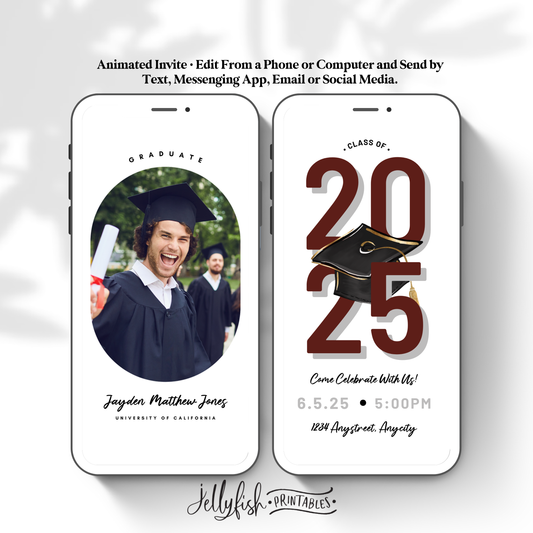 Classic 2025 Graduation Video Invitation | Maroon and White Animated Canva Template | Editable Digital Invite
