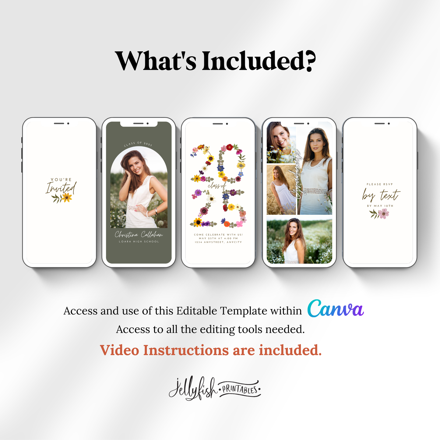 Pressed Flower Graduation Invitation Canva Template 2024. Send Today!