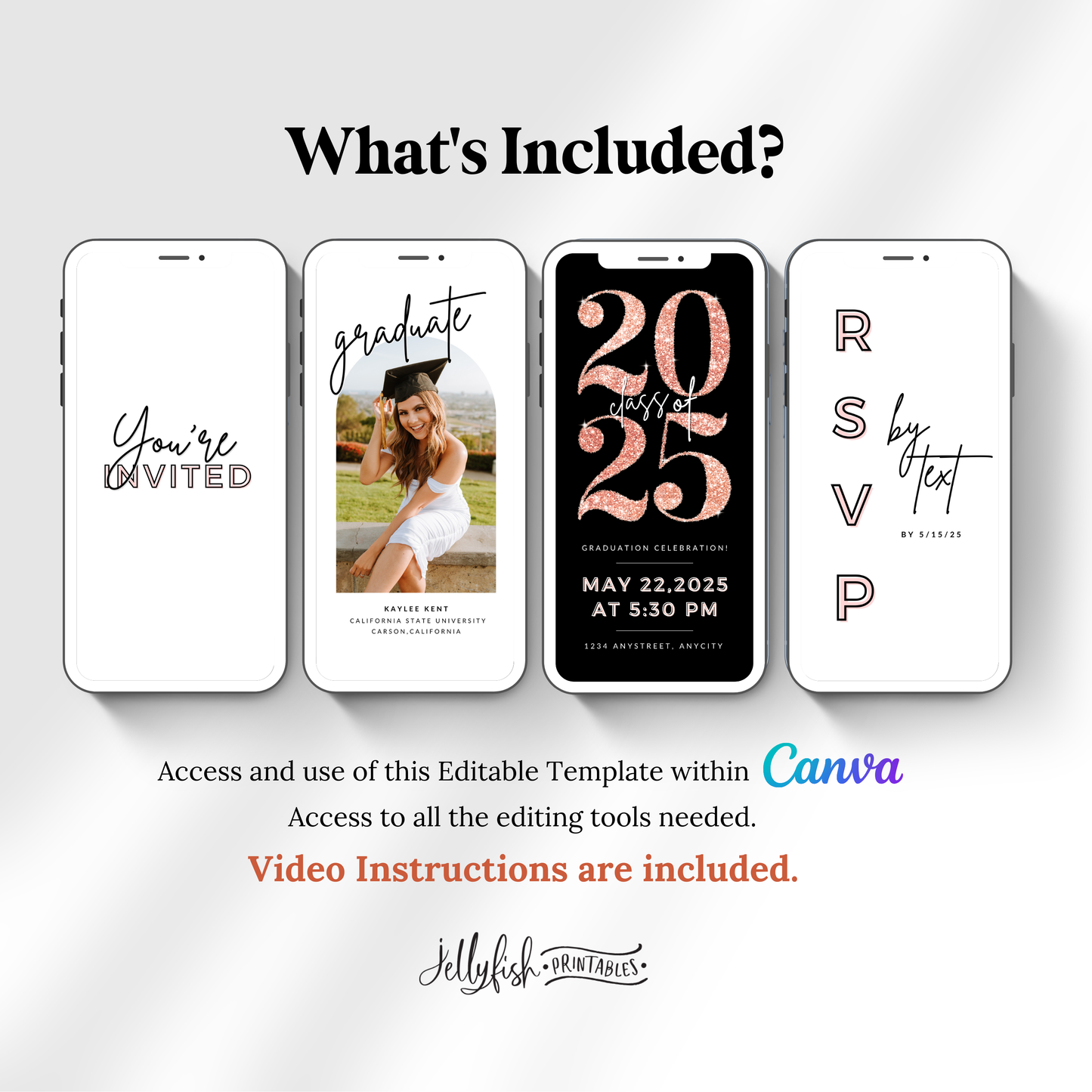 Rose Gold Glitter Graduation Invite Video | Editable Canva Template | Animated Class of 2025 Digital Invitation
