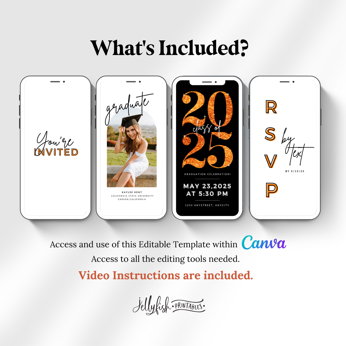 Animated Graduation Invitation Canva Template in Orange. It Sparkles. Send Today!