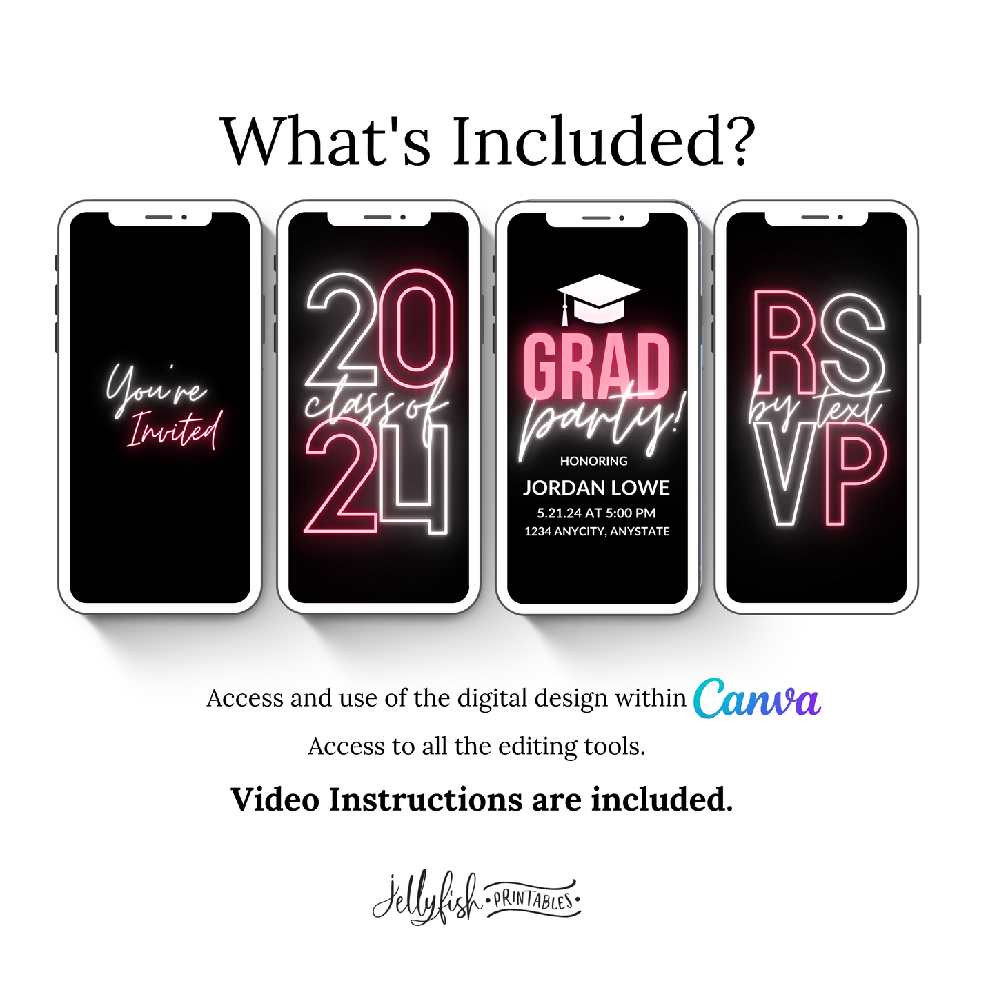 Graduation Video Invitation Canva Template in Pink Neon . Send Today!