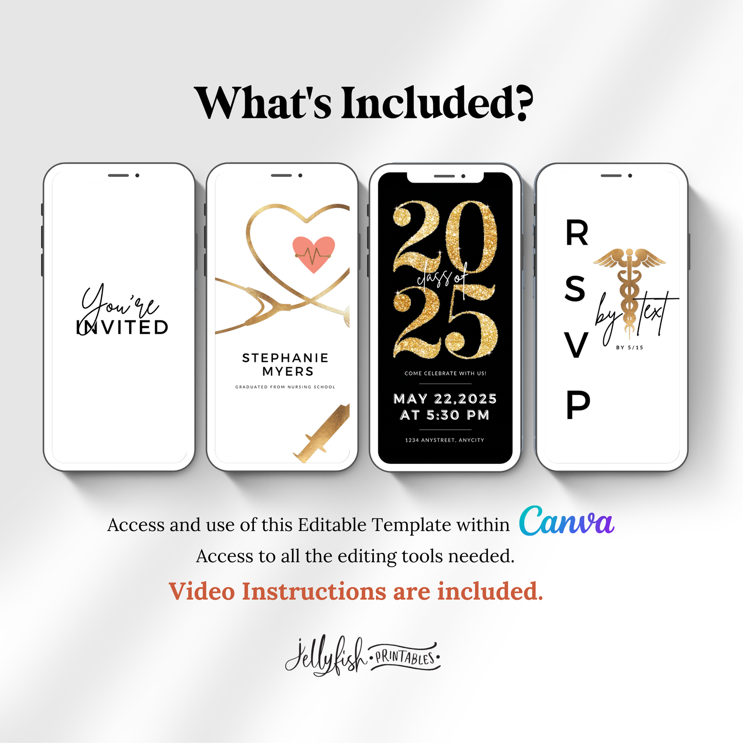 Nursing Graduation Invitation 2025 | Editable Sparkle Gold Animated Video Invite | Nursing School Grad Party Canva Template