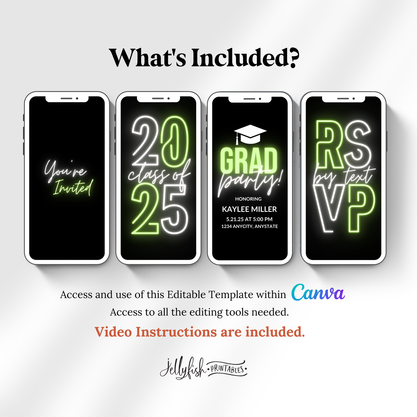 Neon Green Graduation Invitation Video | Editable Glow Canva Template | Animated Class of 2025 Party Invite