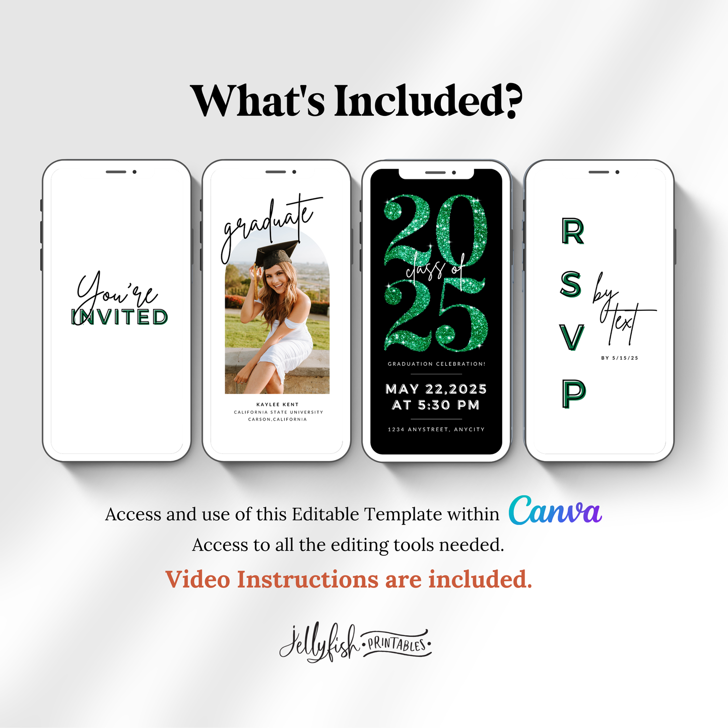 Animated Graduation Invitation Canva Template in Green. It Sparkles. Send Today!