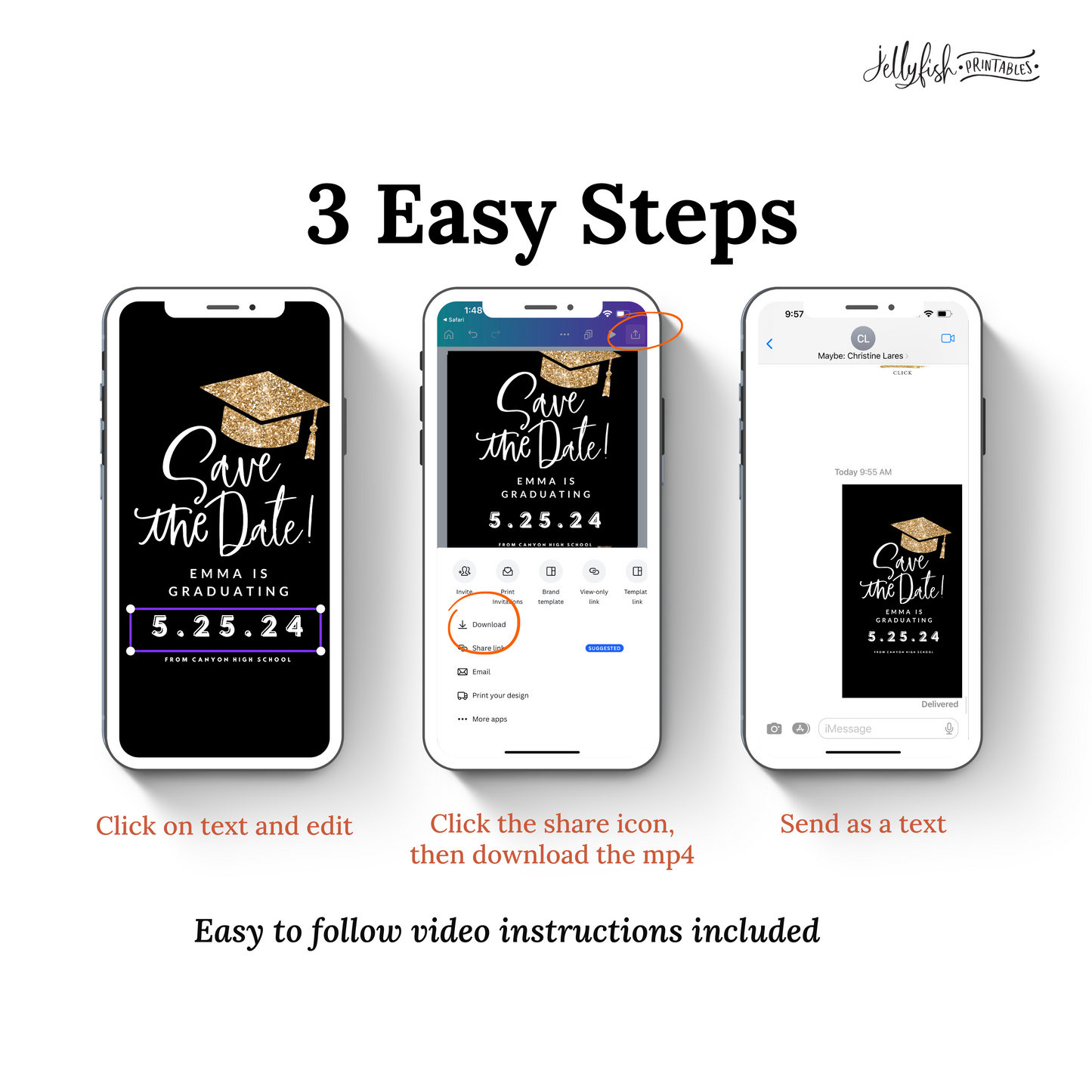 Gold Glitter Graduation Save the Date | Animated Canva Video Template | Editable Digital Text Invite