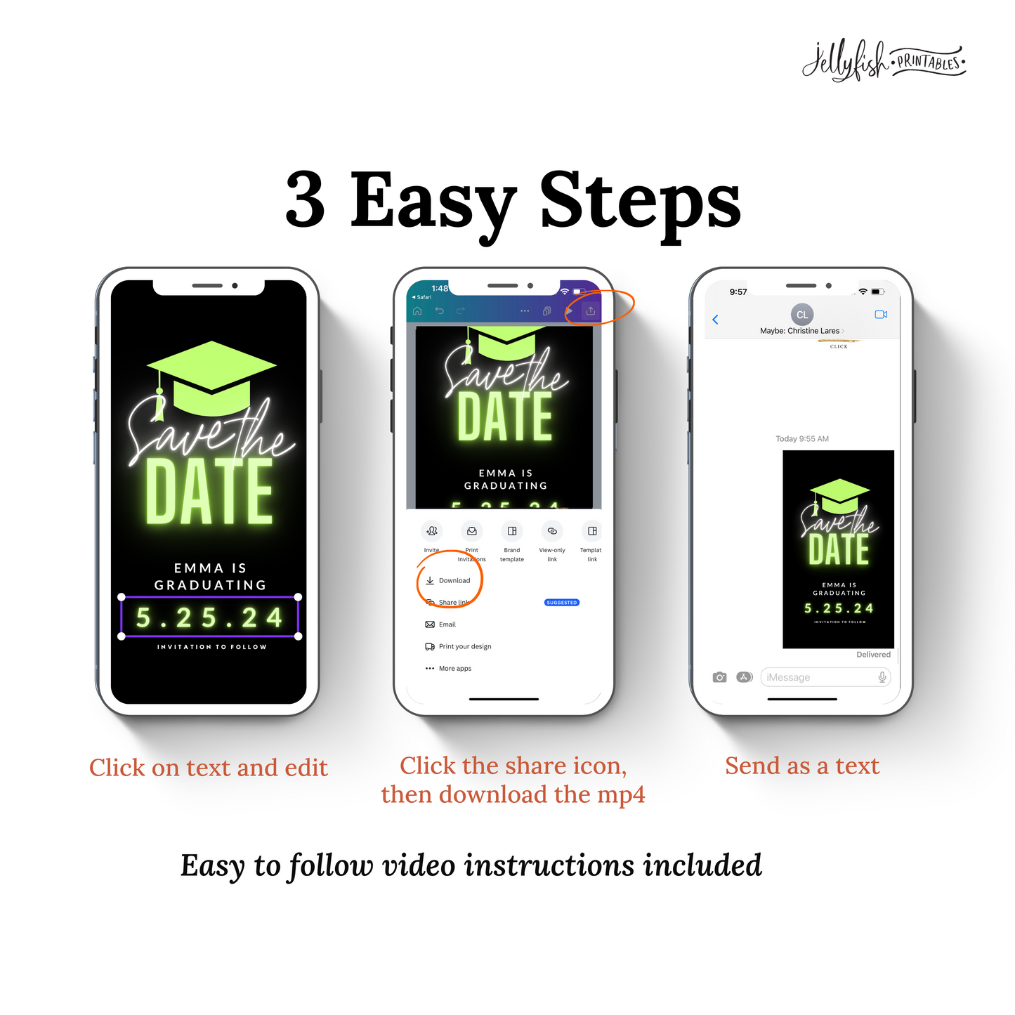 Neon Green Animated Canva Template for texting. Graduation Save the date. Send it out today!