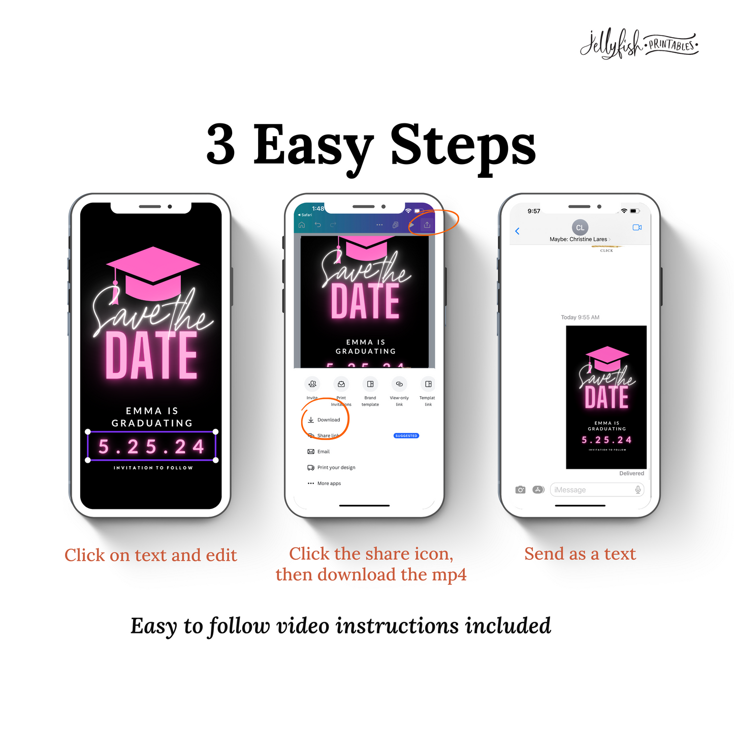 Neon Pink Graduation Save the date. Animated Canva Template for texting. Send it out today!