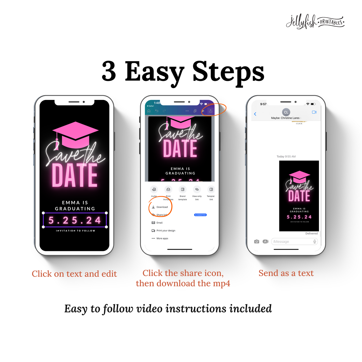 Neon Pink Graduation Save the date. Animated Canva Template for texting.  Send it out today!