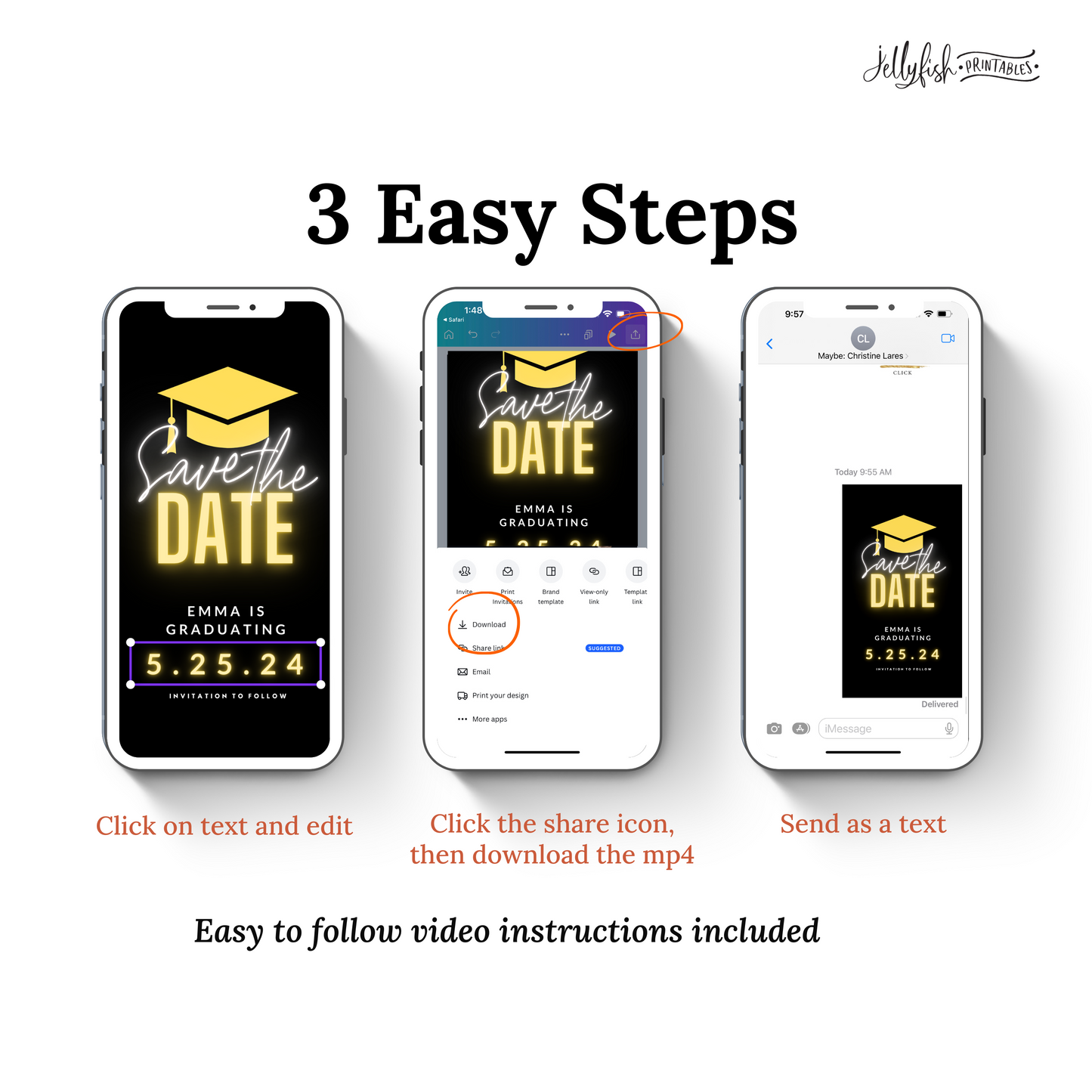 Yellow Animated Canva Template for texting. Graduation Save the date. Send it out today!