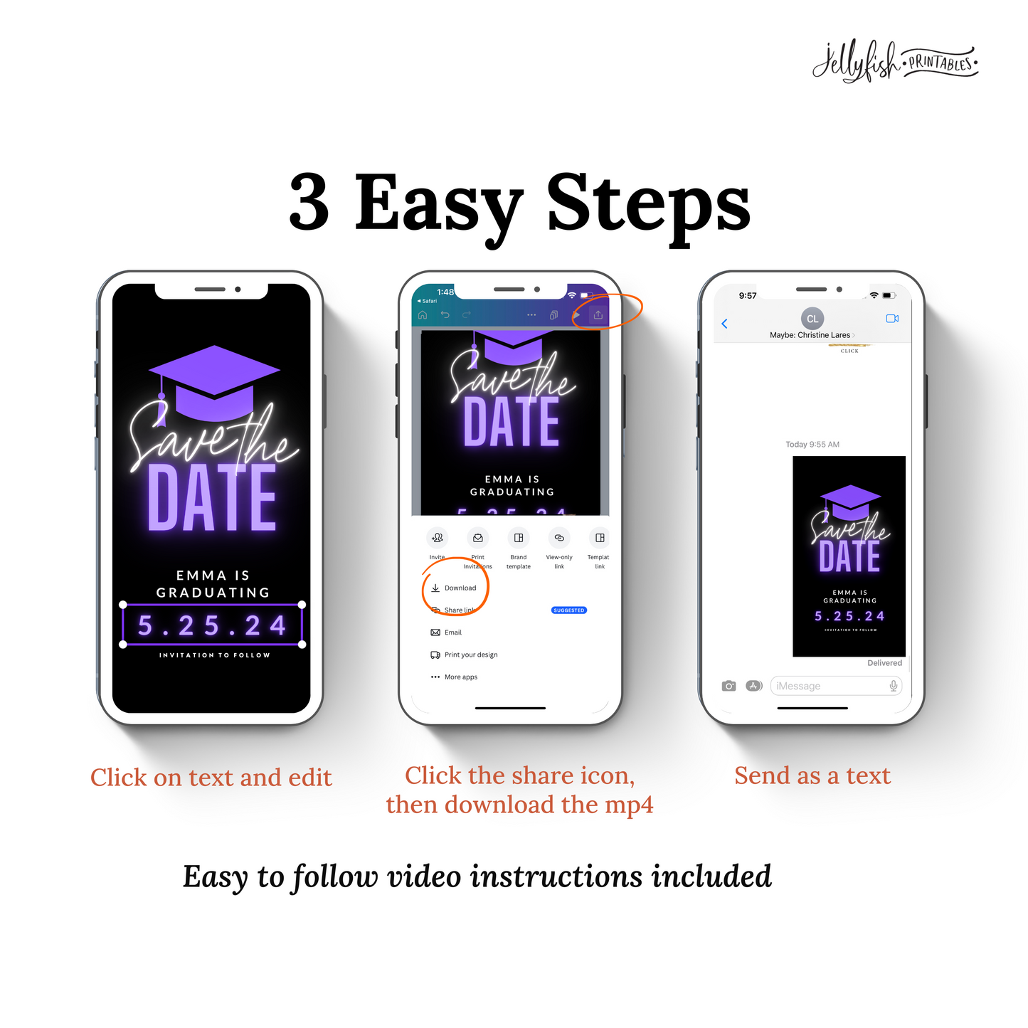 Purple Graduation Save the Date | Animated Canva Video Invite | Editable Graduation Text Message Template