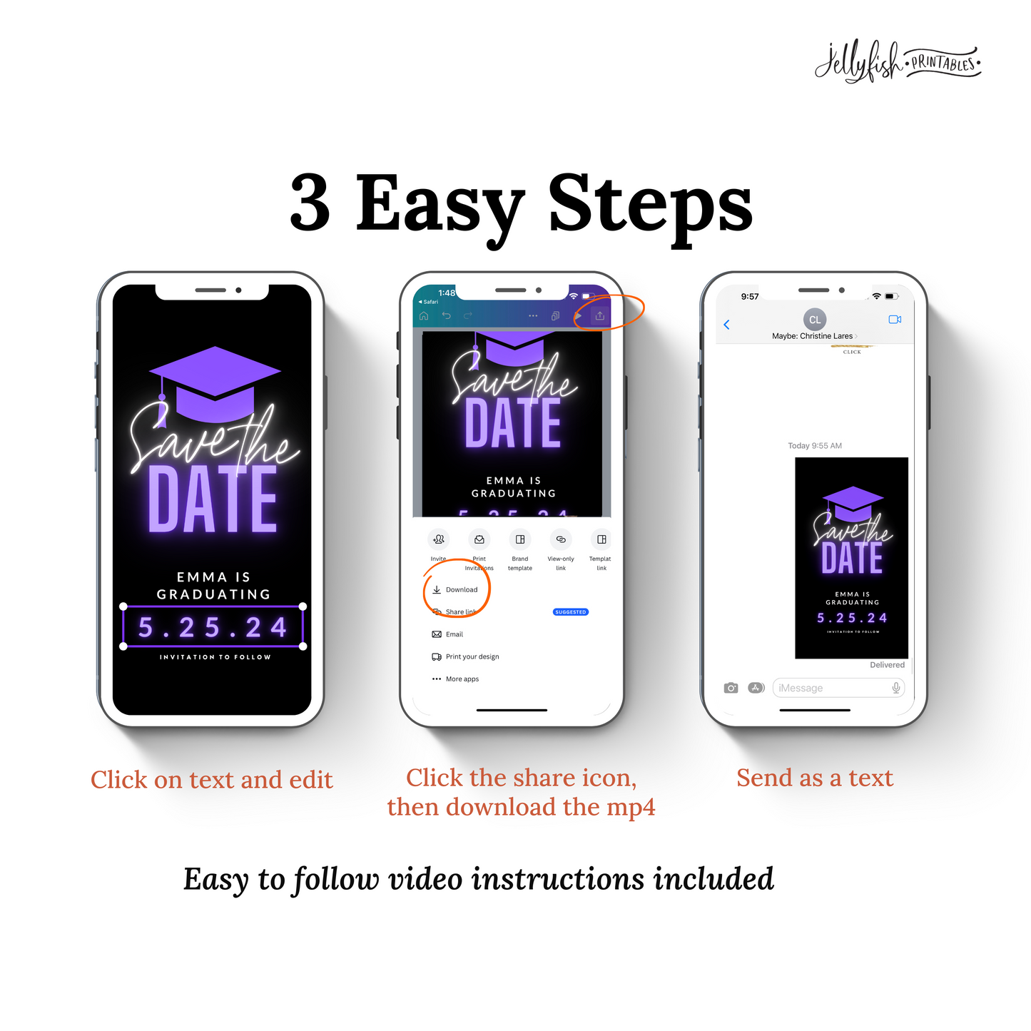 Neon Purple Graduation Save the date. Animated Canva Template for texting.  Send it out today!