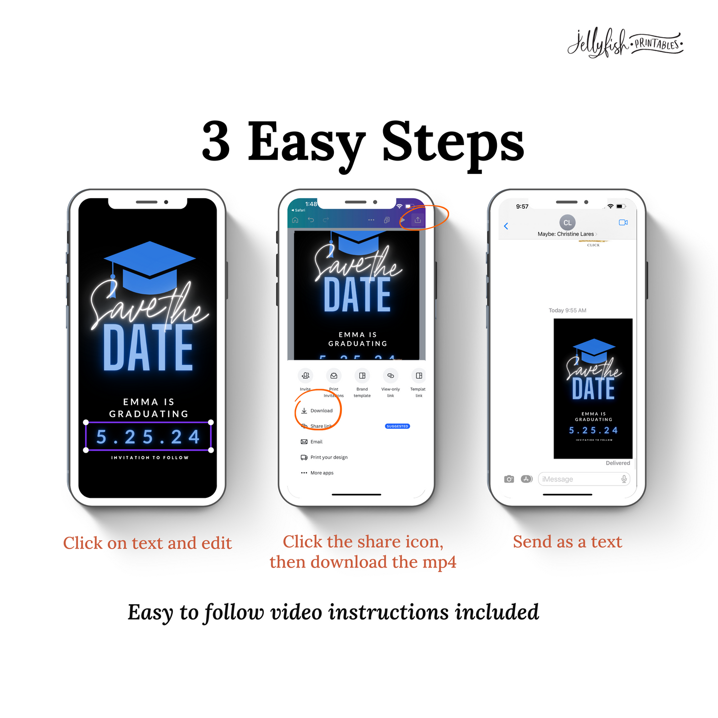 Neon Blue Graduation Save the date. Animated Canva Template for texting.  Send it out today!