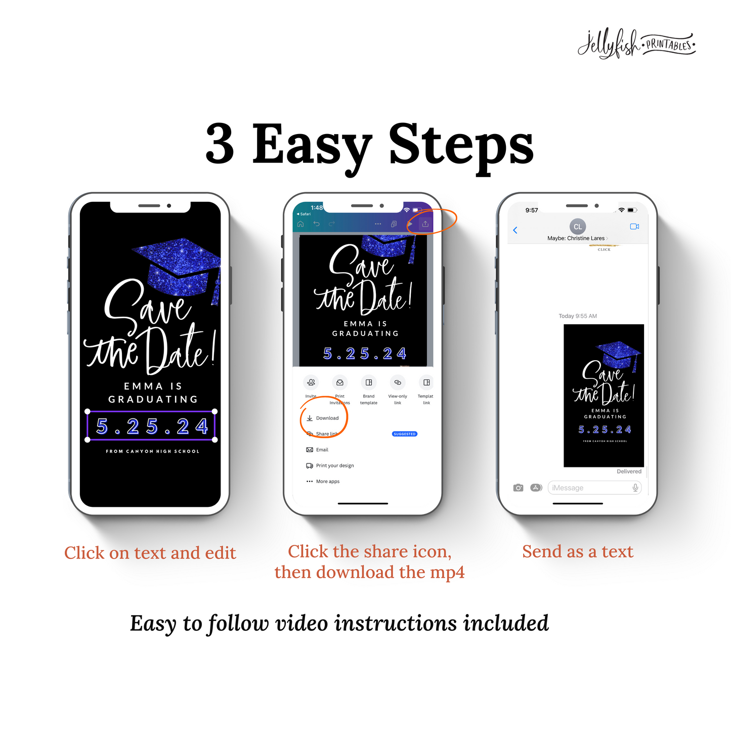 Blue Glitter Graduation Save the Date | Animated Canva Template | Editable Video Invite