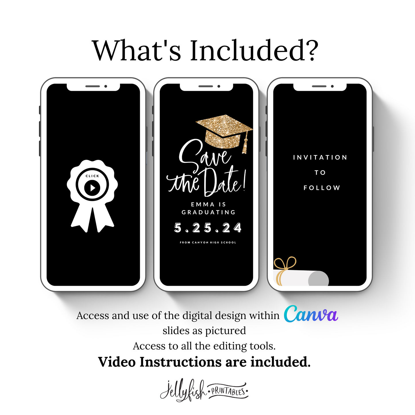 Gold Glitter Graduation Save the Date | Animated Canva Video Template | Editable Digital Text Invite