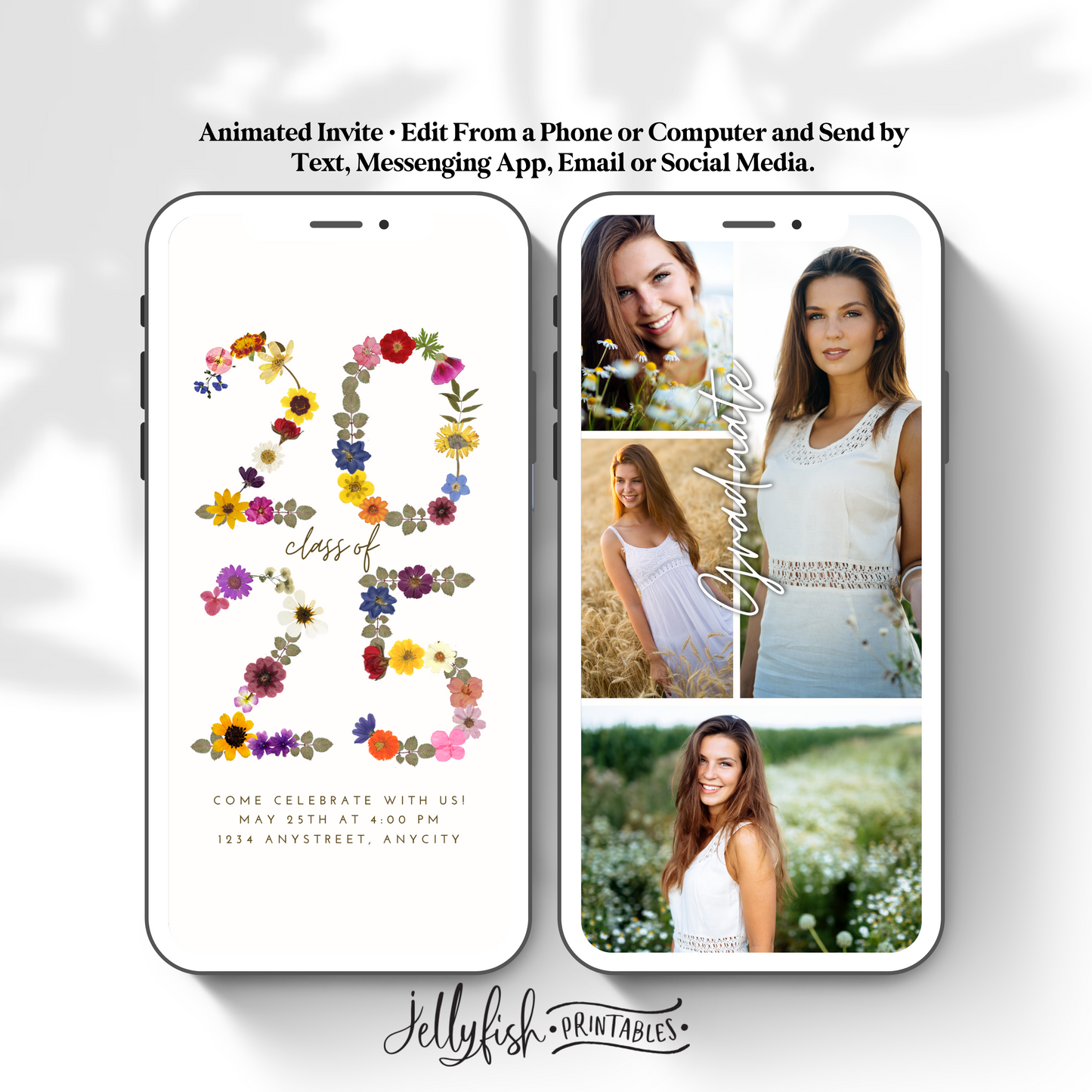 Pressed Flower Graduation Invitation Canva Template 2024. Send Today!