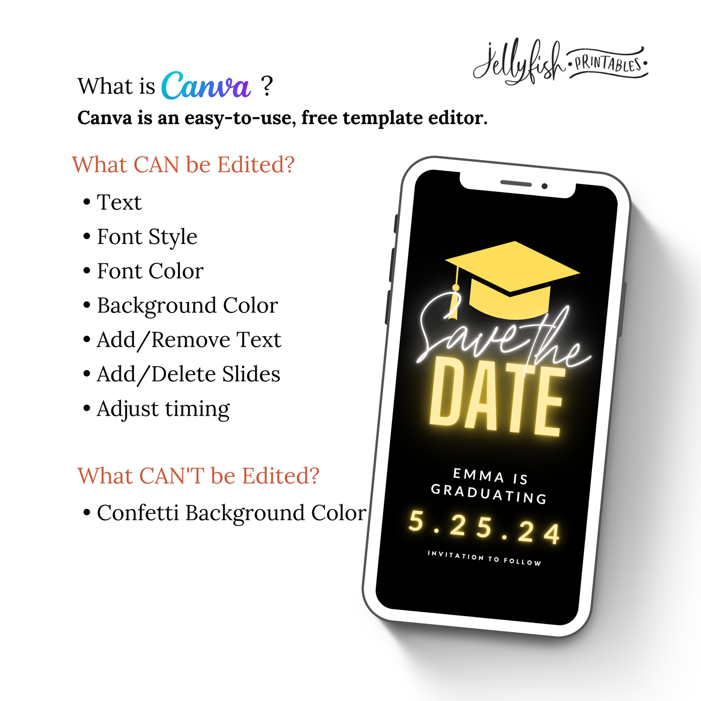 Yellow Animated Canva Template for texting. Graduation Save the date. Send it out today!