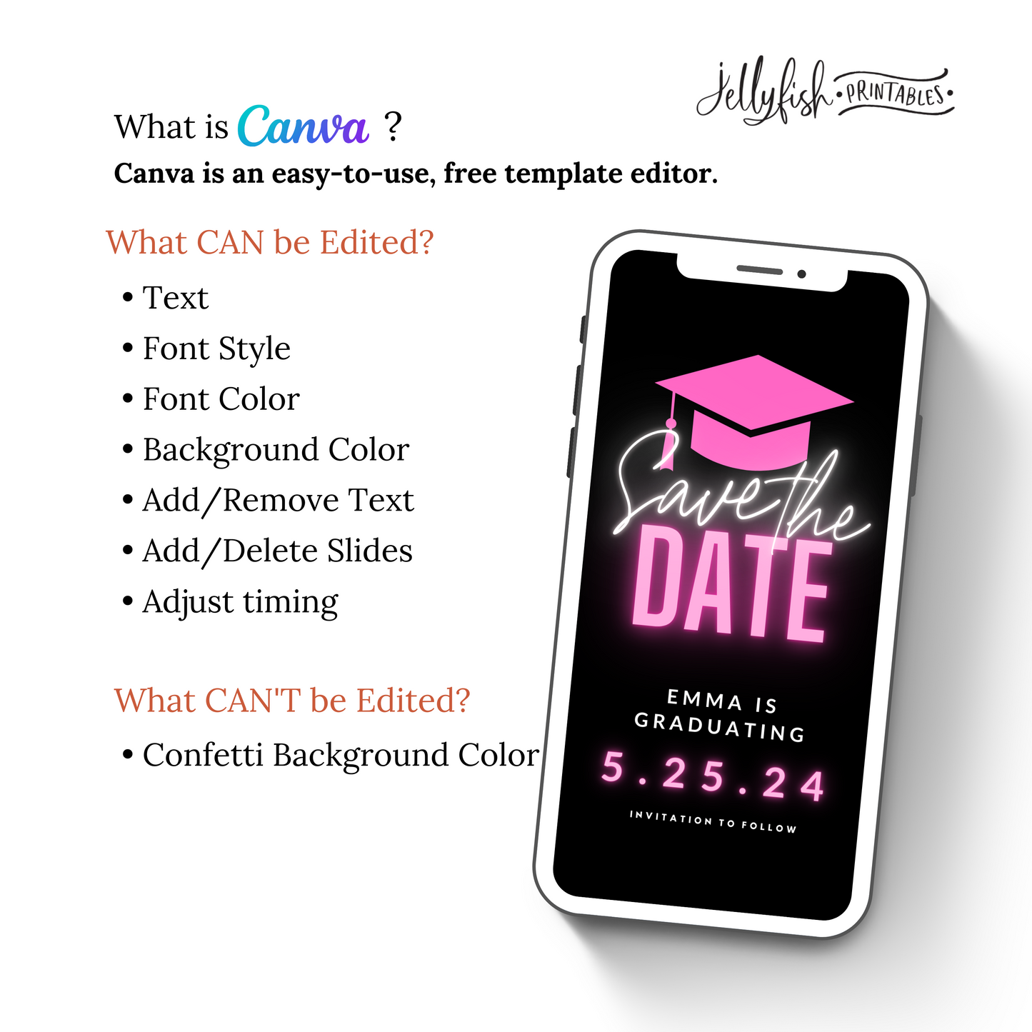 Neon Pink Graduation Save the date. Animated Canva Template for texting. Send it out today!