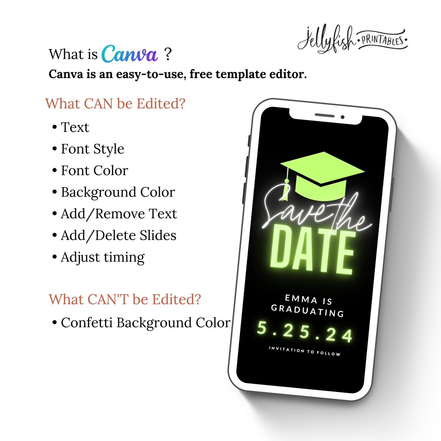 Neon Green Animated Canva Template for texting. Graduation Save the date. Send it out today!