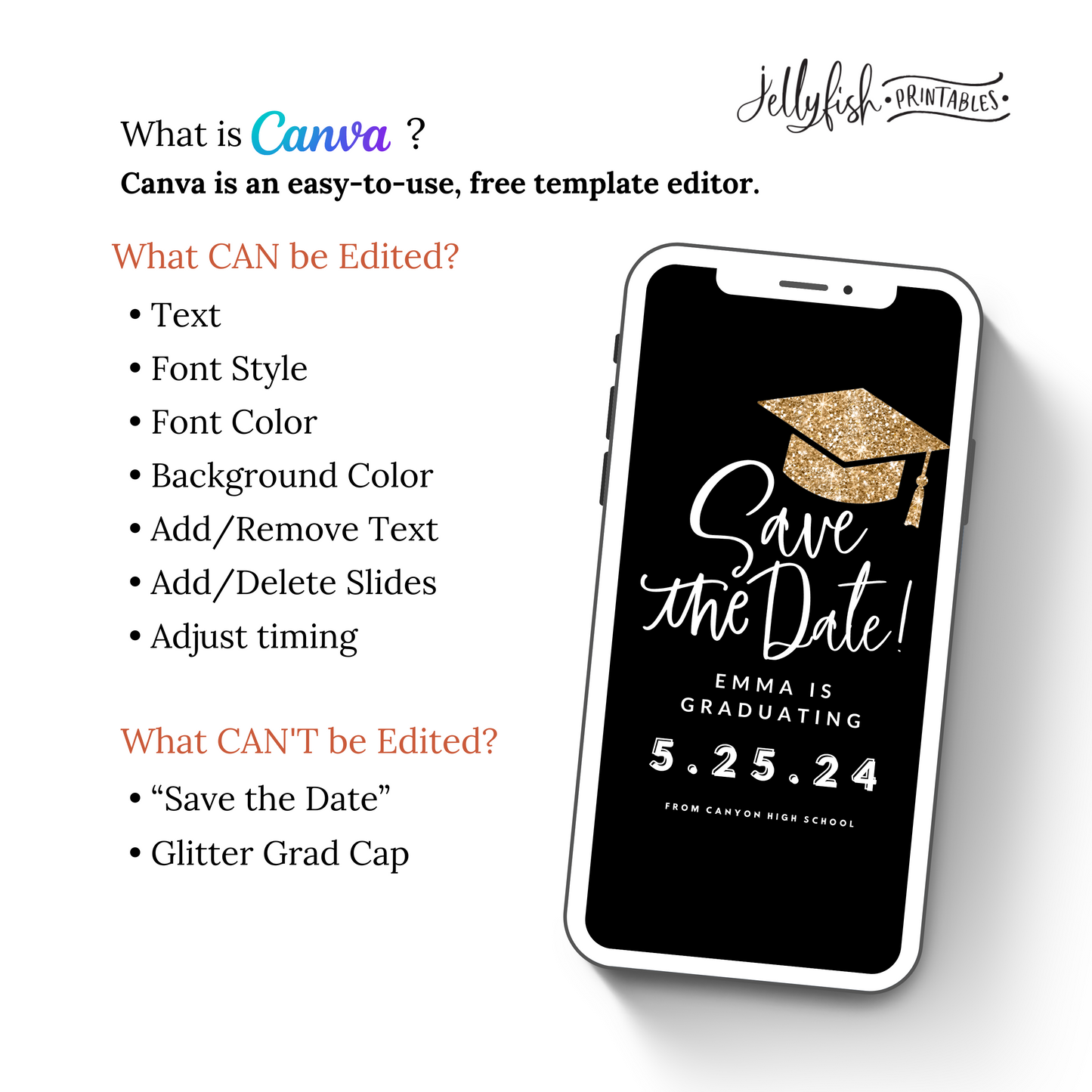 Gold Glitter Graduation Save the Date | Animated Canva Video Template | Editable Digital Text Invite