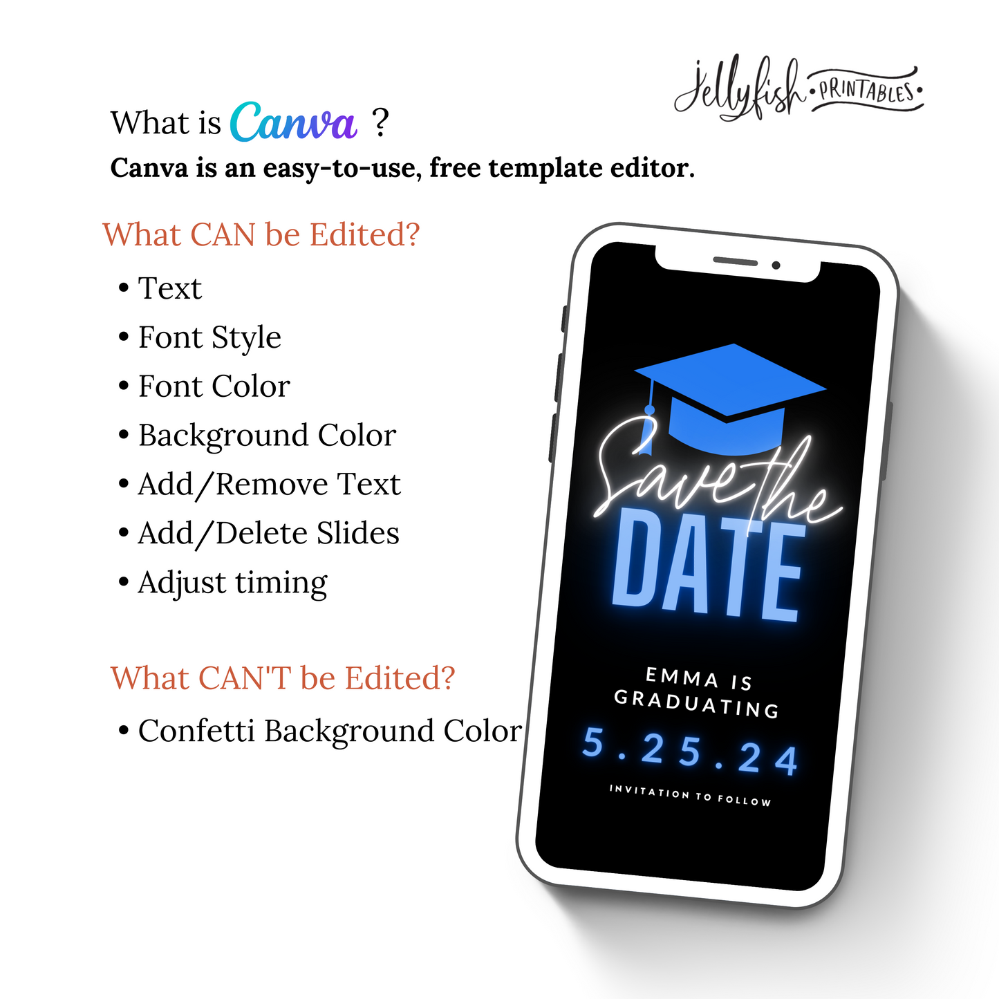 Neon Blue Graduation Save the date. Animated Canva Template for texting.  Send it out today!