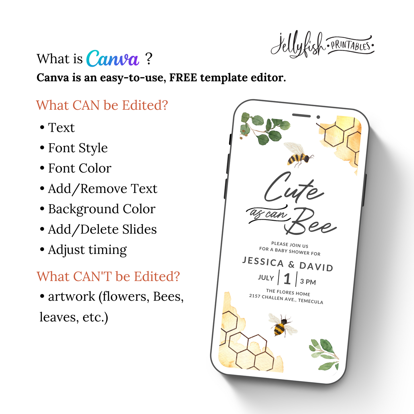 Cute as can BEE Baby Shower Video Invitation Canva Template. Send Today!