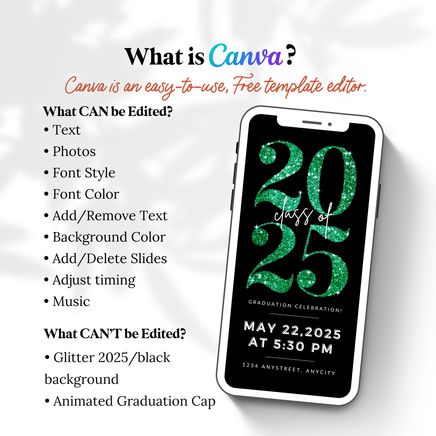 Animated Graduation Invitation Canva Template in Green. It Sparkles. Send Today!