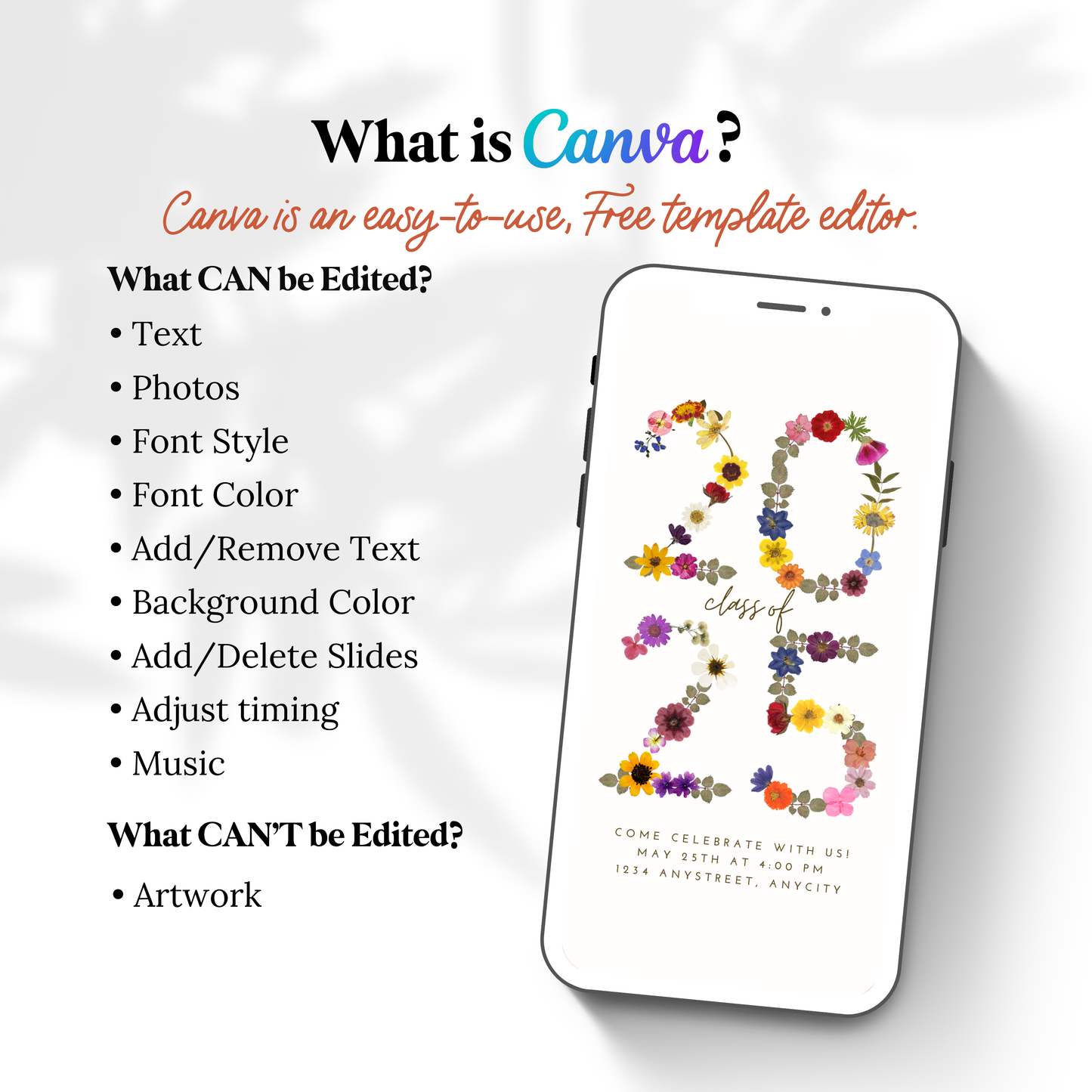 Pressed Flower Graduation Invitation Canva Template 2024. Send Today!