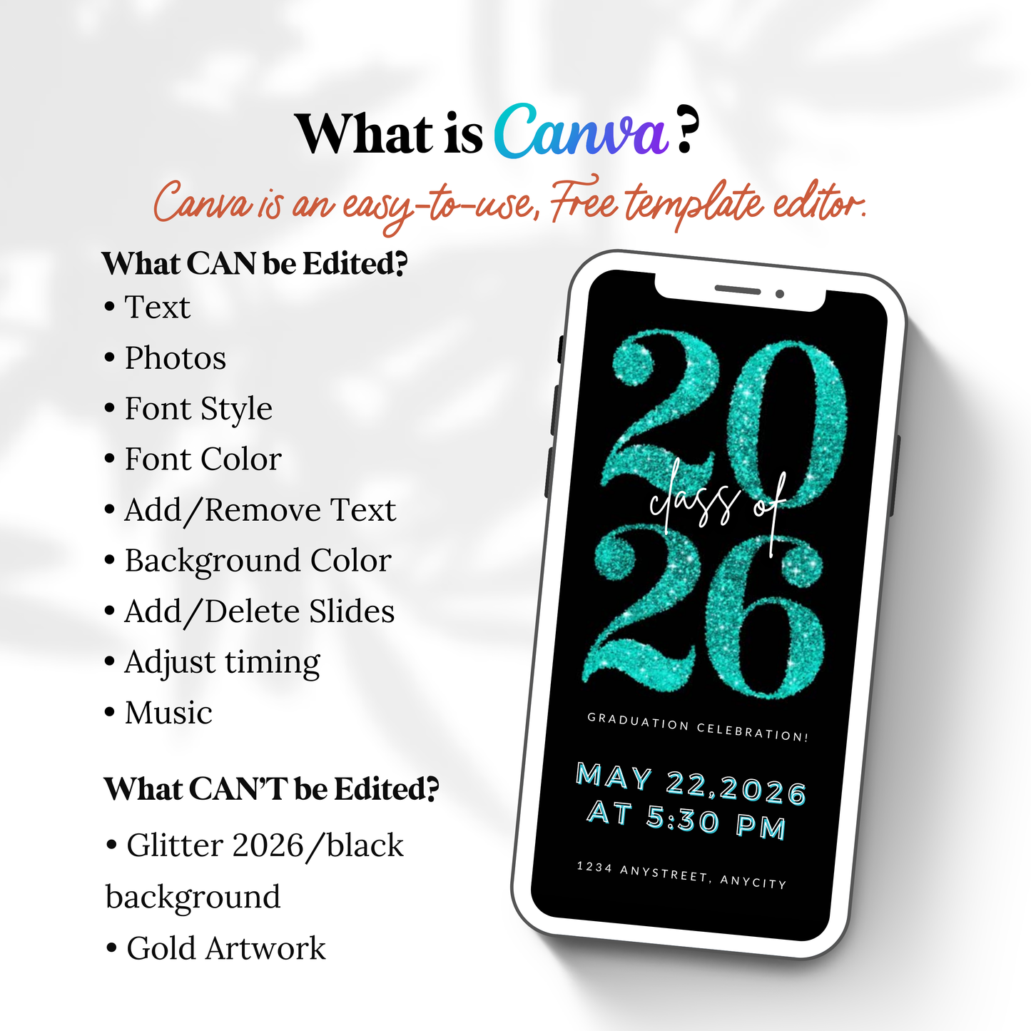 Teal Glitter Graduation Video Invitation | Editable Canva Template | Animated Class of 2026 Invite to Match School Colors