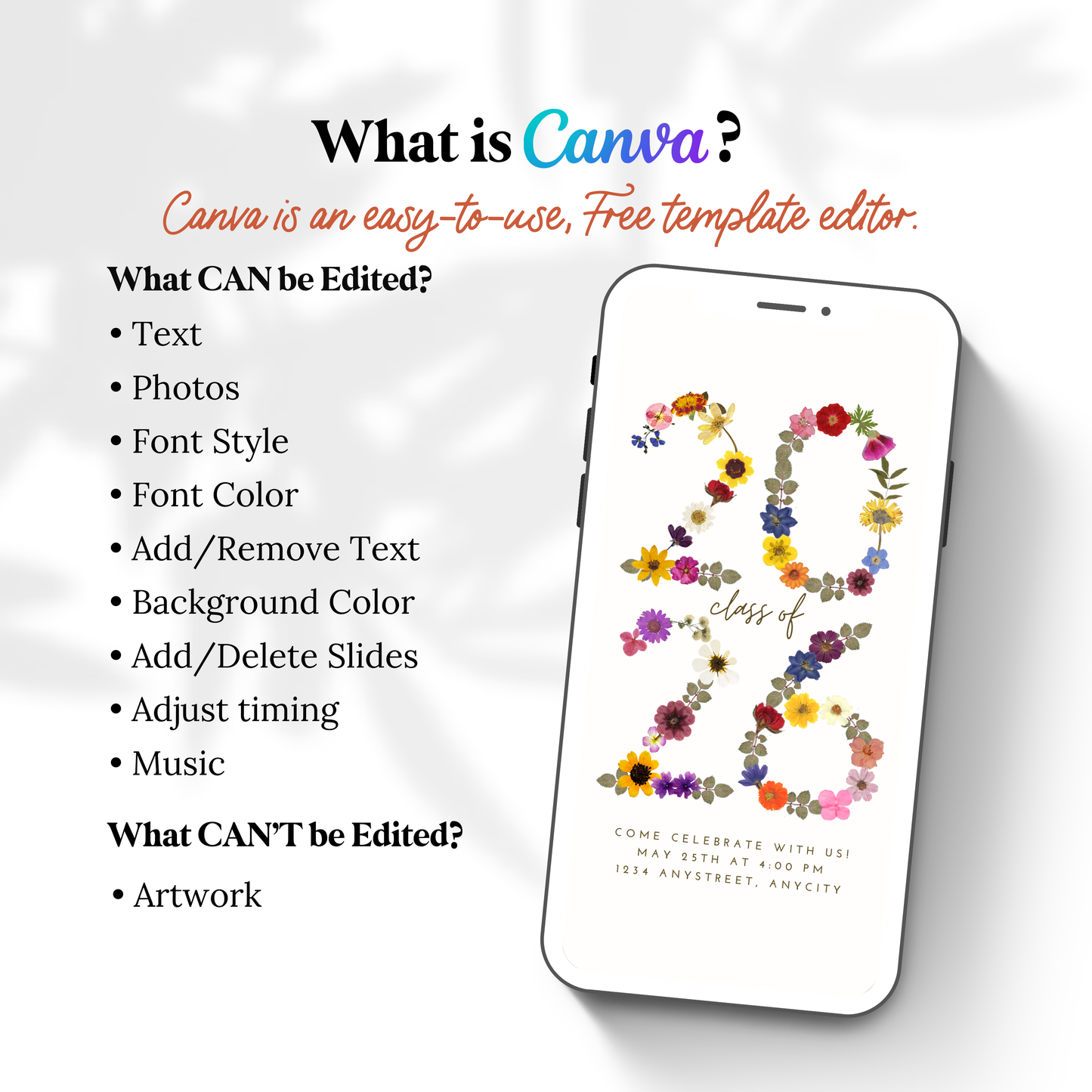 Pressed Flower Graduation Invitation Video | Elegant Canva Template | Editable Animated Digital Invite