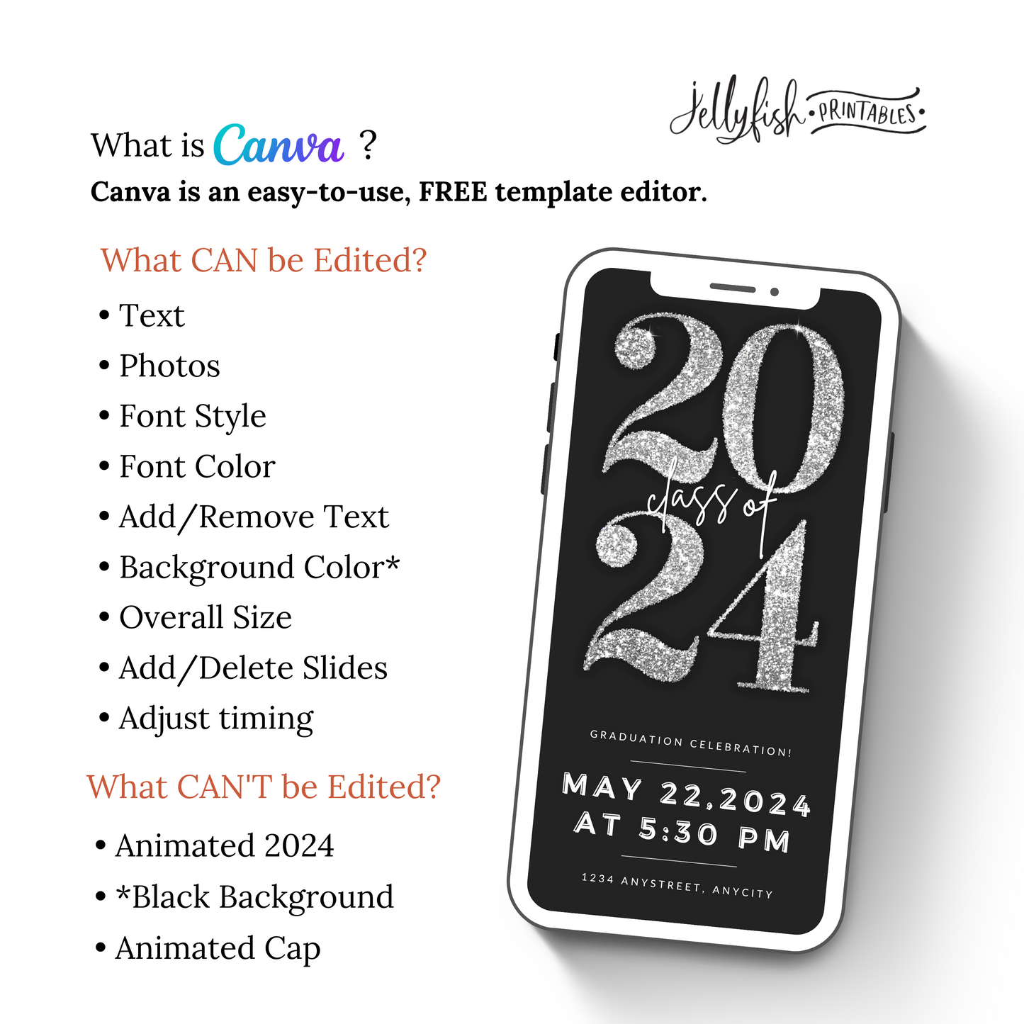 Animated Graduation Invitation Canva Template in Silver. It Sparkles. Send Today!