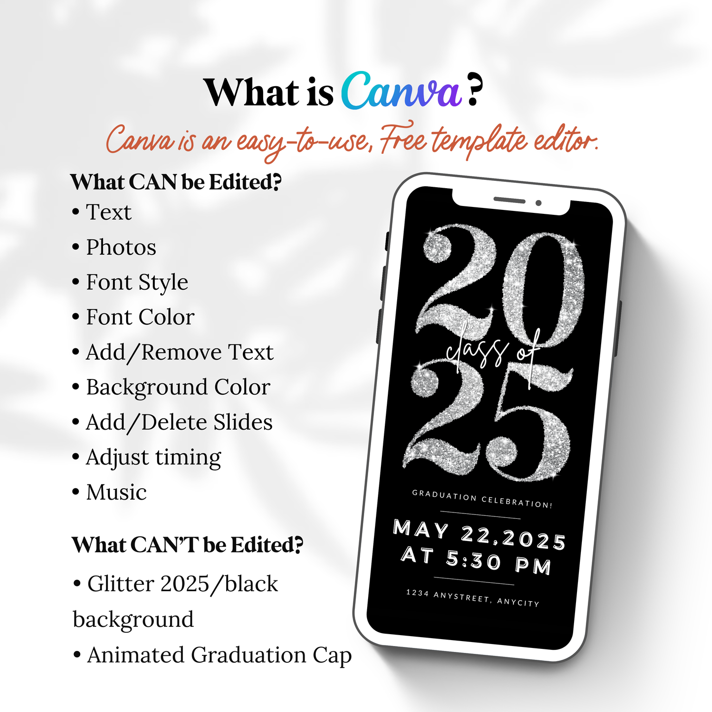 Silver Glitter Graduation Invite Video | Editable Animated Canva Template | Class of 2025 Digital Invitation