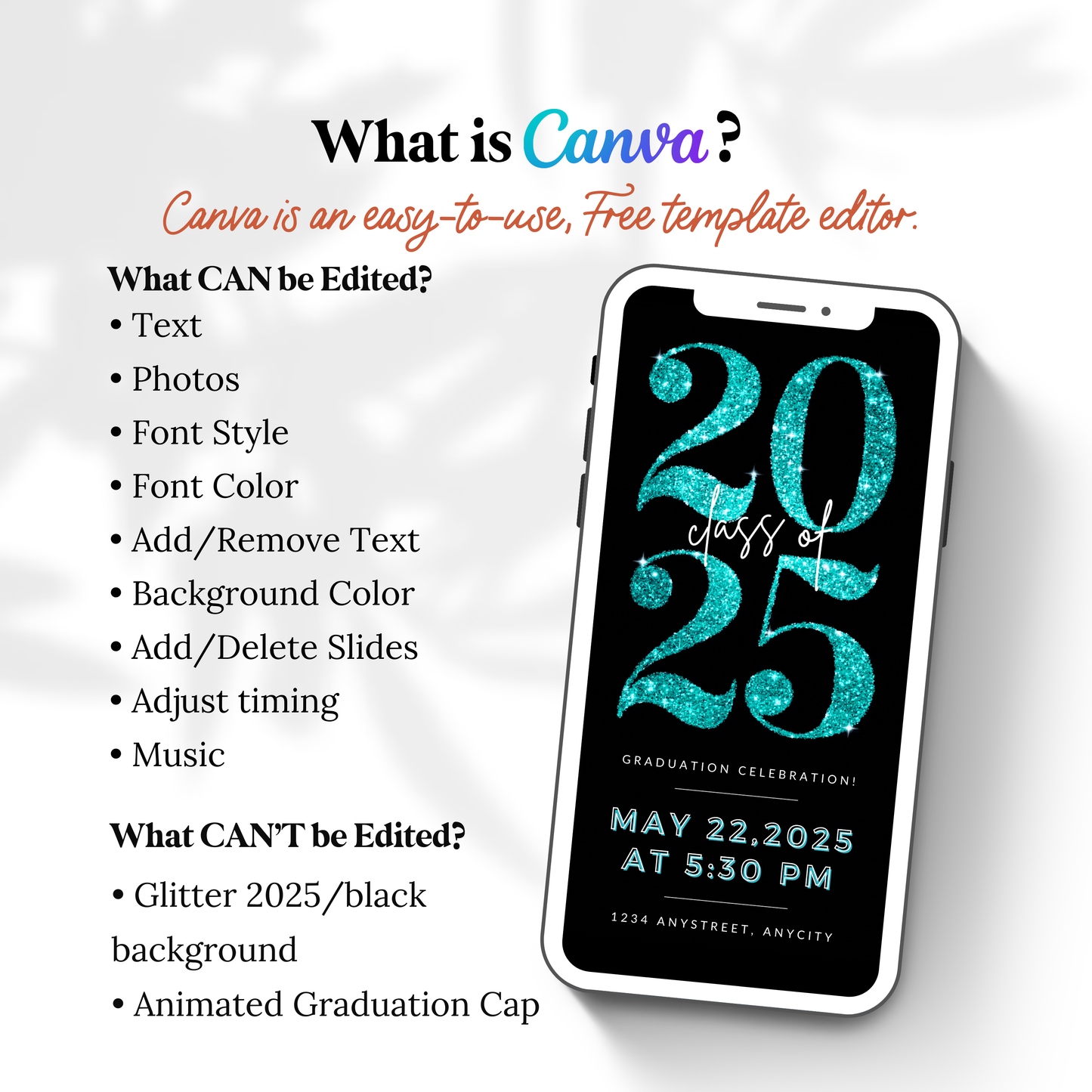 Teal Glitter Graduation Video Invitation | Editable Canva Template | Animated Class of 2025 Invite to Match School Colors