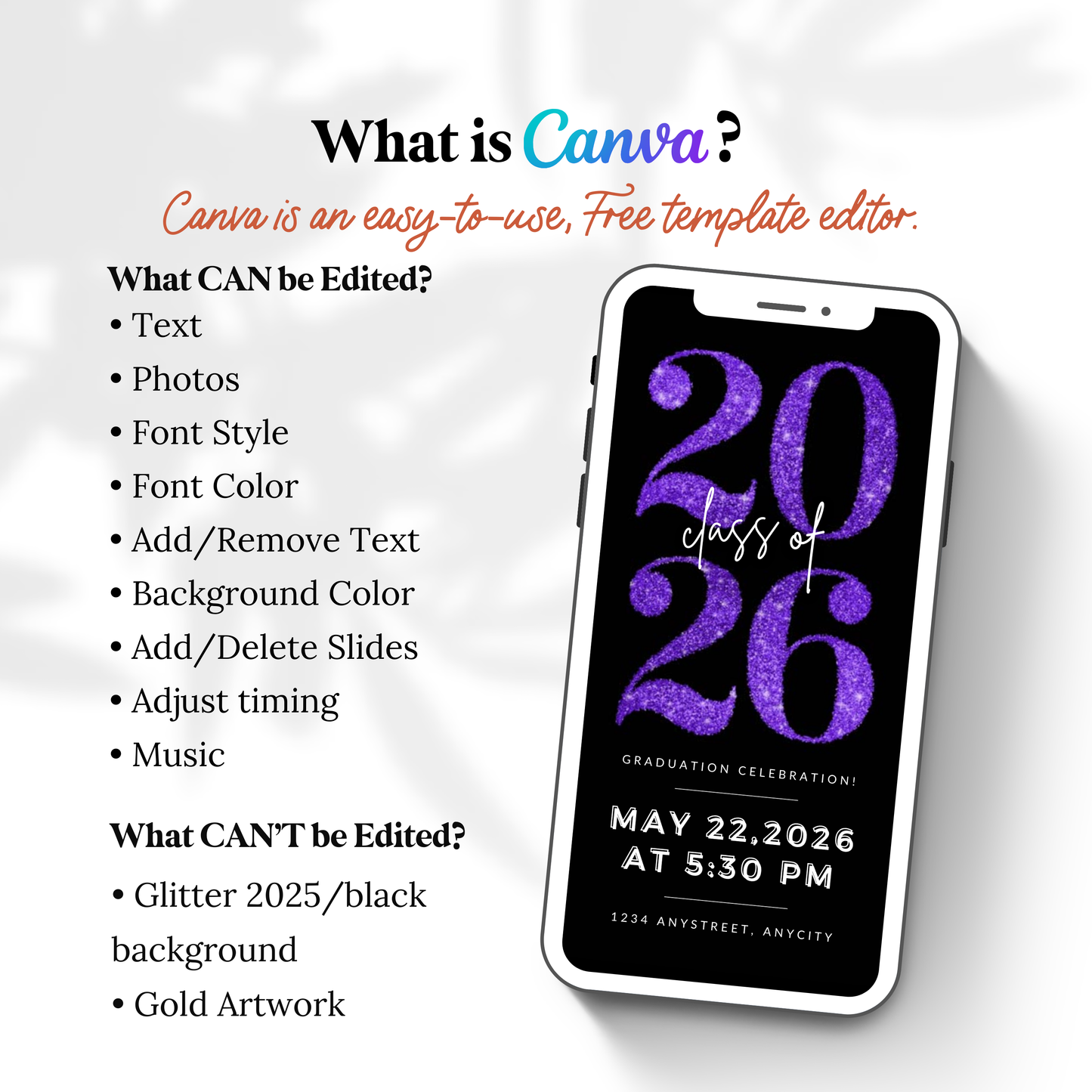Purple Glitter Graduation Invitation Video | Canva Editable Class of 2026 Template | Digital Invite to Share