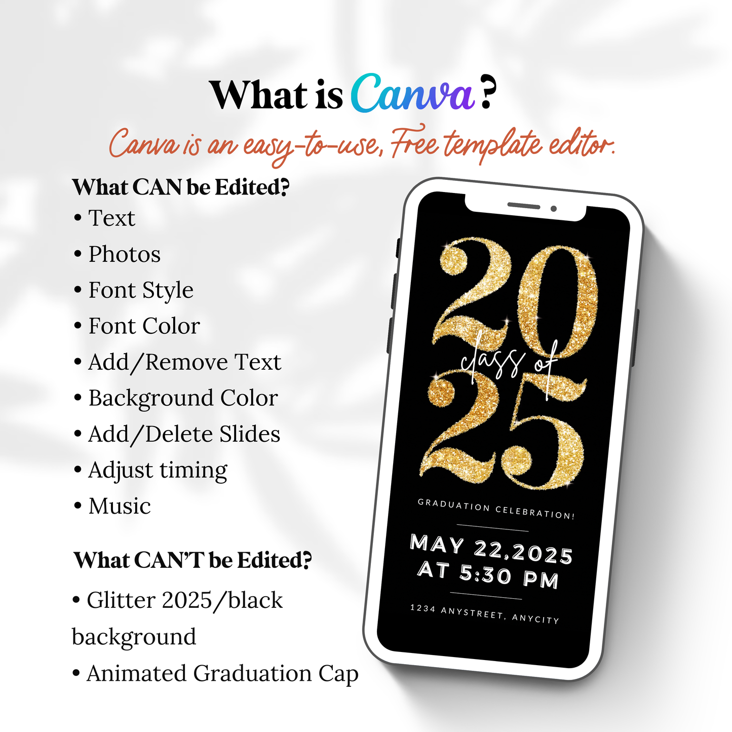 Gold Glitter Graduation Invite Video | Editable Canva Template | Sparkle Animated Class of 2025 Digital Invitation