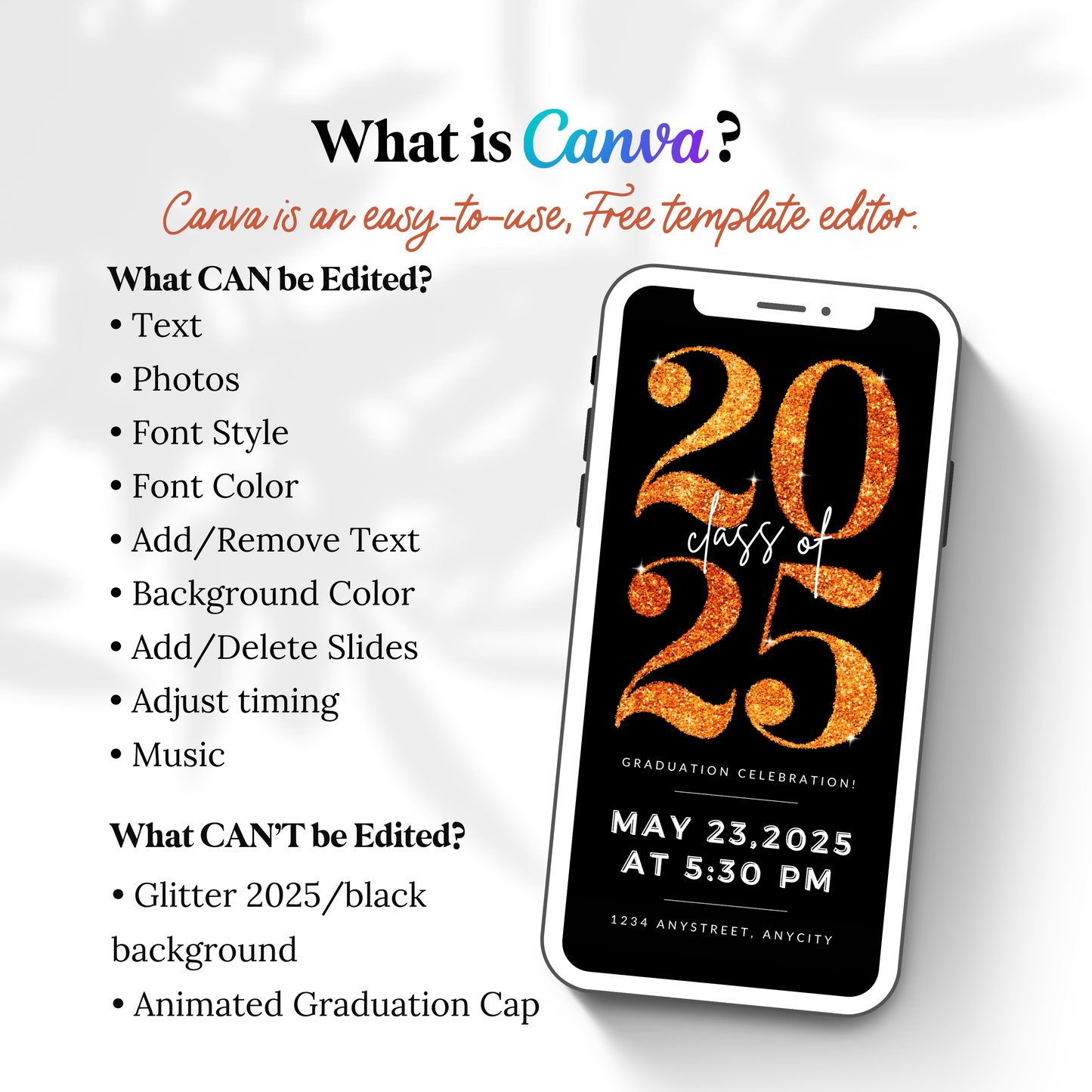 Animated Graduation Invitation Canva Template in Orange. It Sparkles. Send Today!