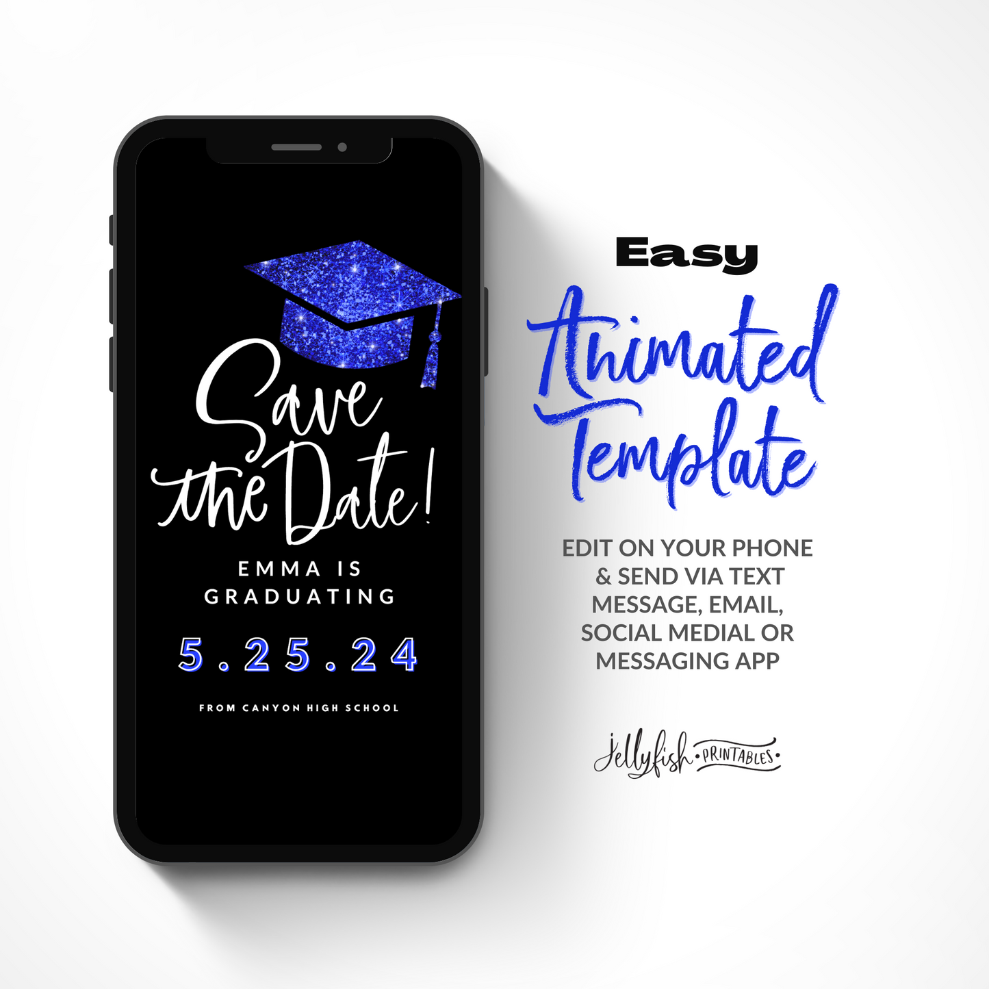 Blue Glitter Graduation Save the Date | Animated Canva Template | Editable Video Invite