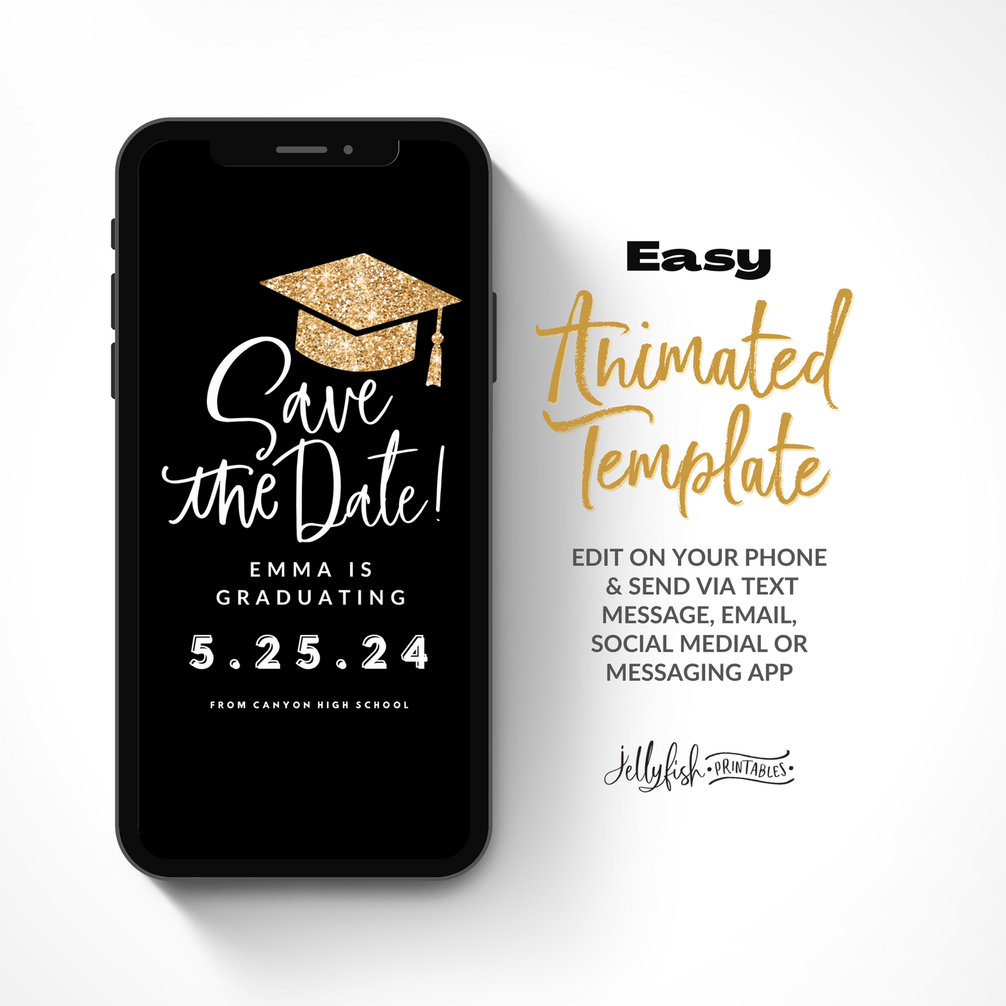 Gold Glitter Graduation Save the Date | Animated Canva Video Template | Editable Digital Text Invite