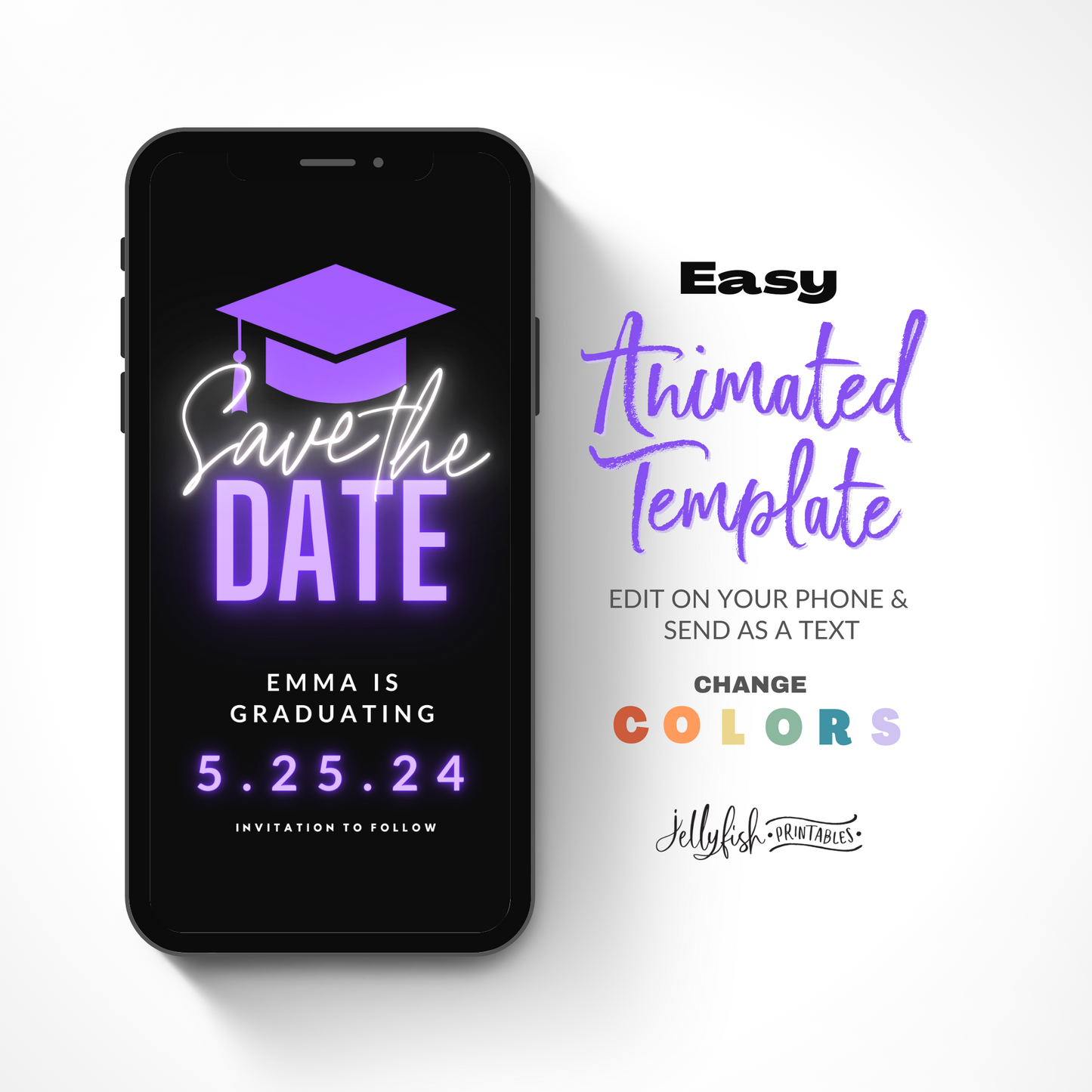 Purple Graduation Save the Date | Animated Canva Video Invite | Editable Graduation Text Message Template