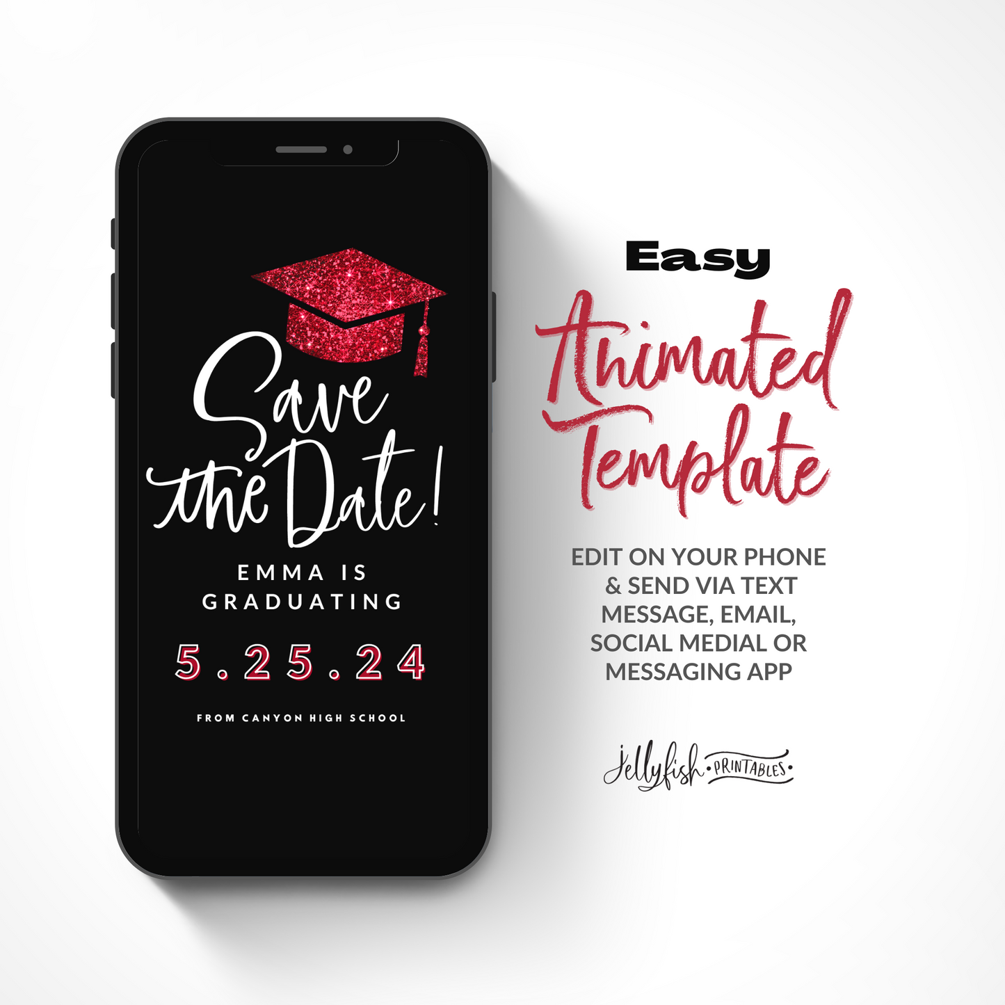 Burgundy Graduation Save the date. Animated Canva Template for texting. Send it out today!