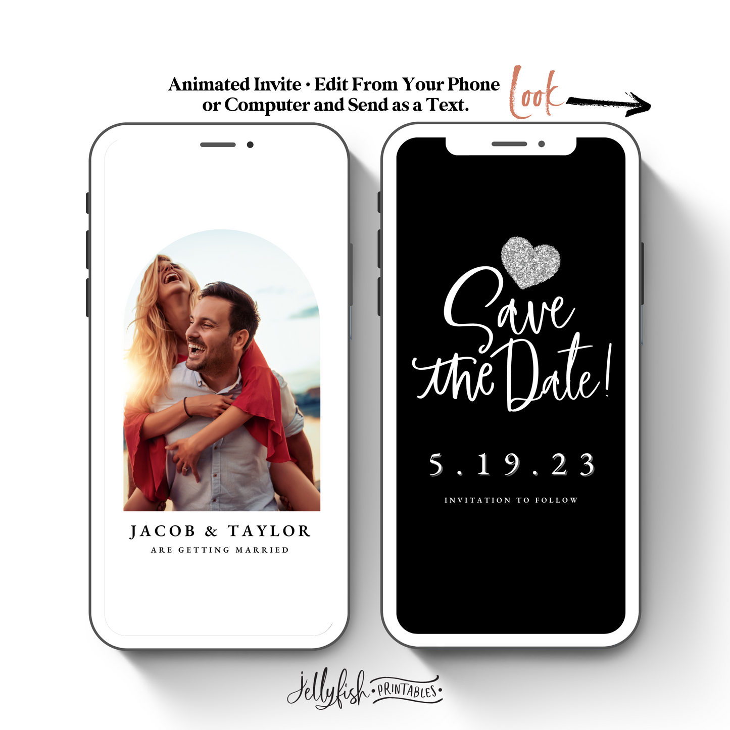 Silver Heart Wedding Save the Date Canva Template. Send Today!