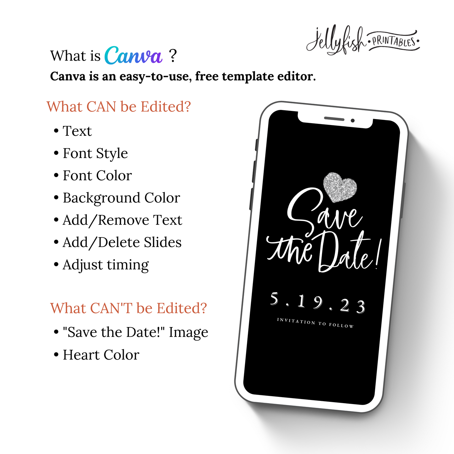 Silver Heart Wedding Save the Date Canva Template. Send Today!